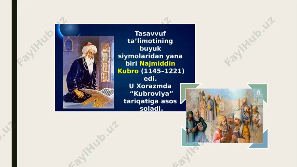 agi barcha narsalarni va sifatlarni oʻzida mujassamlashtiradi. uning asarlarida tariqatning mohiyati, oʻziga xos talab va qoidalari bayon qilib berilgan kubroviylik — tasavvuf tariqati. 13-asr boshida xorazmda najmiddin kubro asos solgan kubroviylik haqida. kubroviylikda ranglar muhim rol o’yvaydi, ular sufiyning ruhiy holatlarini, alloh tomon qo’ygan qadamining bosqichlarini bildirib turadi. zangori rang solikning tavba qilib tariqatga qadam qo’yganida ko’rinadi. sariq rangda solikning alloh yodi bilan yashashi tushuniladi. qizil rang solikning ruhi vujudidan ajrala boshlaganini, ma’rifatga yaqinlashganini bildiradi. oq rang yurakning poklanishiga ishora va haqiqatni anglashning boshlanishidir. yashil rang vahiylikdan nishova. mazkur ranglar solikning alloh tomon ruhiy safarini anglatsa, qora rang alloxdan xalq sari safarini bildiradi, sirlar xazinasini eg’allashni va hayratga g’arq bo’lishini ifodalaydi. xiii asrning boshlariga kelib (1206-1215) mo’g’ulistonda chingizxon boshchiligida ko’chmanchi mo’g’ullarning ulkan davlati paydo bo’ldi. bu davrda g’arbda xorazmshohlar davlati yuksalib o’z hududini sharqdagi o’lkalar hisobiga kengaytirib, juda katta hududni egallab dunyoga yakka hukmron bo’lish g’oyasi bu davlatning maqsadi va …