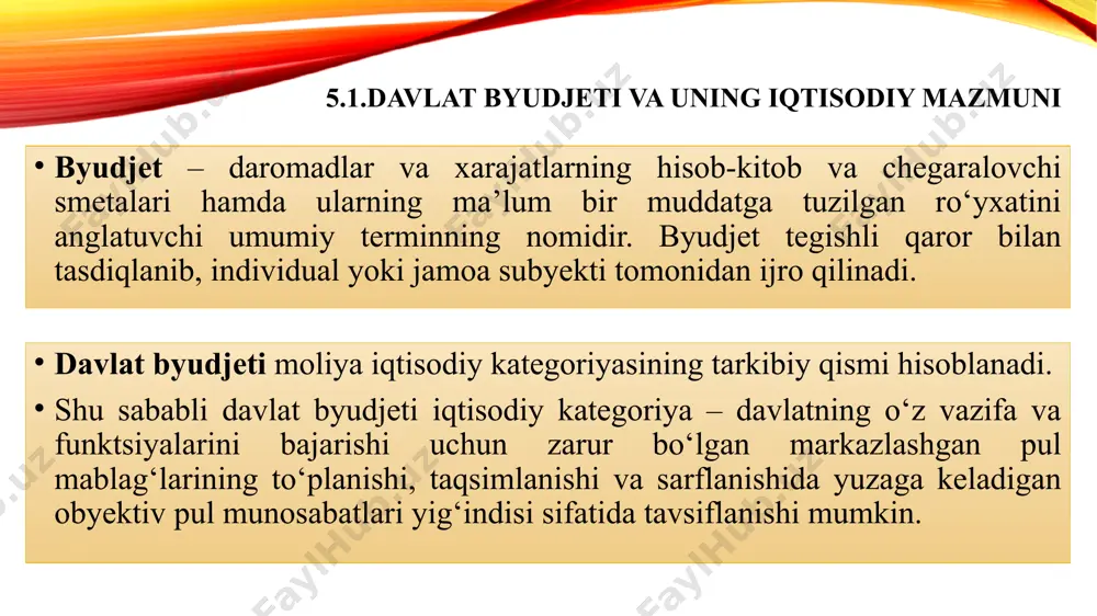 tirilishi bilan tavsiflanadi, bunda ushbu byudjetlarning har biri ularning xarajatlarini ta’minlovchi o‘z daromadlar manbalariga ega bo‘ladi (rossiya federatsiyasi). jahon amaliyotida byudjet tizimlarining tuzilishi quyidagi printsiplarga asoslanadi: umumiylik – huquqiy bazani, pul tizimini, yagona byudjet tasnifidan va byudjet hujjatlari shakllaridan foydalanishni, byudjet jarayoni printsiplarini, byudjet qonunchiligini buzganlik uchun sanktsiyalarni, xarajatlarni moliyalashtirish va byudjet tizimi byudjetlari mablag‘larining buxgalteriya hisobini yuritish tartibining yagonaligini anglatadi; to‘liqlik – byudjet tizimi byudjetlarining va byudjetdan tashqari jamg‘armalar byudjetlarining daromadlar va xarajatlari ularda majburiy ravishda va to‘liq aks ettiirilishi lozimligini anglatadi; ishonchlilik – tegishli hudud ijtimoiy-iqtisodiy rivojlanishi prognoz ko‘rsatkichlarining obyektivligini hamda byudjet daromadlari va xarajatlari hisoblanishining realligini anglatadi; oshkoralik – byudjetning shaffofligini nazarda tutadi, bu o‘z navbatida erkin nashrda tasdiqlangan byudjetlar va ularning ijrosi bo‘yicha hisobotlar majburiy ravishda bosib chiqarilishini, taqdim etilayotgan axborotning to‘liqligini, jamiyat va ommaviy axborot vositalari uchun byudjet loyihalarini ko‘rib chiqish va qarorlar qabul qilishning ochiqligini anglatadi; byudjet tizimi byudjetlarining mustaqilligi. federal tipdagi va byudjet …