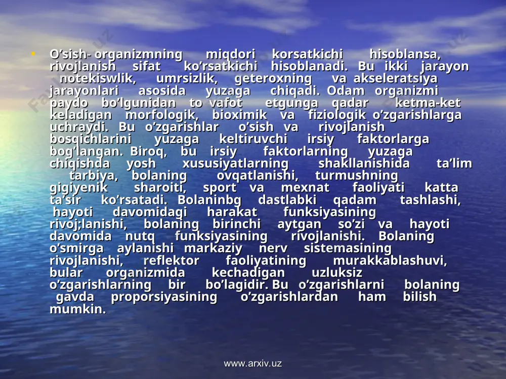 . akseleratiya-lotincha tezlashuv degan manoni bildiradi. akseleratsiya-yosh avlodning jismonan va ruxan o’sishidir. so’ngi 100 yil ichida yangi tug’ilgan chaqal;oqning bo’yi 5-6sm ga, kichik va o’rta maktab yoshdagi bolalar bo’yi 10-15 sm ga vazni esa 8-10 kg ga ortdi. www.arxiv.uz www.arxiv.uz umruzayishi, hayz kechroq tugashi va odam rivojlanishidagi boshqa o’zgarishlarni o’z ichiga oladi. akseleratsiya ko’pgina olimlarni qiziqtirib kelgan. bunga sabab: ultrabinafsha nurlar desa, ikkinchisi magnit to’lqinlari, bazilari esa komik nurlar deb aytadilar. oksidlar, tuzlar, vitaminlar ortishi, fan va tex ta’lim-tarbiya, sport va jismoniy mexnat bilan shug’illanish, genetik omillarni ham misol qilib keladilar. mamlakatimizda mustaqillikga erishganimizdan so’ng bolalarning individalosish va rivojlanishga katta etibor berilmoqda. chunki bolalar salomatligini saqlash davlat ahamiyatiga ega bo’lgan birinchi darajali ishlardan hisoblanadi. www.arxiv.uz www.arxiv.uz