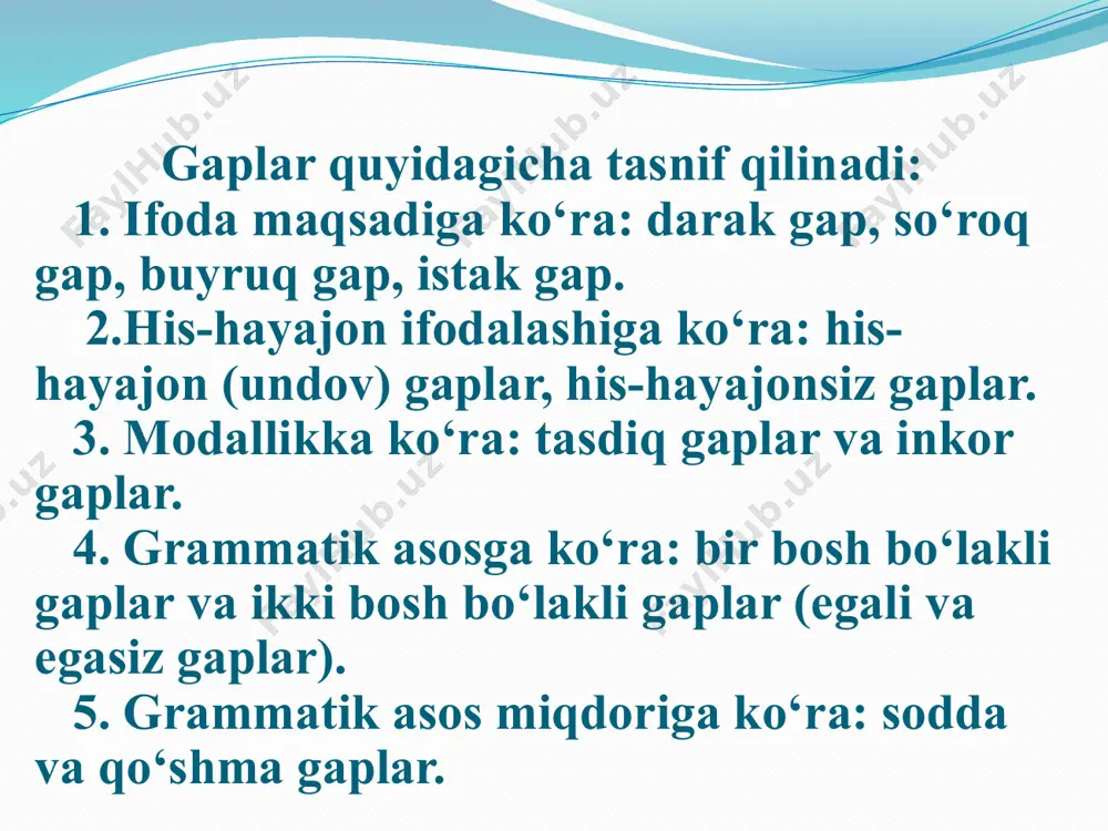 -payt, chiqish kelishigidagi otlar bilan: o‘zbekistonnig poytaxti- toshkent. bu daftar singlimga. yoshlar xizmatda, keksalar izzatda. bularning hammasi sevinchdan. 2) sifat bilan: yerlarimiz hosildor. 3) olmosh bilan: qalbimni rom etgan – o‘sha. 4) son bilan: sakkizning yarmi – to‘rt. 5) ravish bilan: dalada hosil ko‘p. 6) undov so‘z bilan: buyruqni bajarmaganning holi voy. 7) modal so‘z bilan: sizda ishim bor. 8) taqlid so‘z bilan: hamma yoq g‘ovur-g‘uvur. bundan tashqari kesim ibora bilan ham ifodalanadi: sobir kalavaning uchini topdi. kesimlar tuzilishiga ko‘ra 2 turga bo‘linadi: 1. sodda kesim bir so‘zdan iborat bo‘ladi: 1) sodda fe’l-kesim: siz uni ko‘rasiz. 2) sodda ot-kesim: uyat, nomus har narsadan baland. 2. murakkab kesim kamida ikkita so‘zdan iborat bo‘ladi: 1) murakkab fe’l-kesim quyidagicha tuziladi: a) ko‘makchi fe’lli so‘z qo‘shilmasidan iborat bo‘ladi: hamma sekin tarqala boshladi. b) sifatdosh va to‘liqsiz fe’ldan iborat bo‘ladi: u ko‘rgan edi. d) fe’l+fe’l tipidagi qo‘shma fe’llardan: do‘stim qiziqarli kitob sotib oldi. 2) murakkab …
