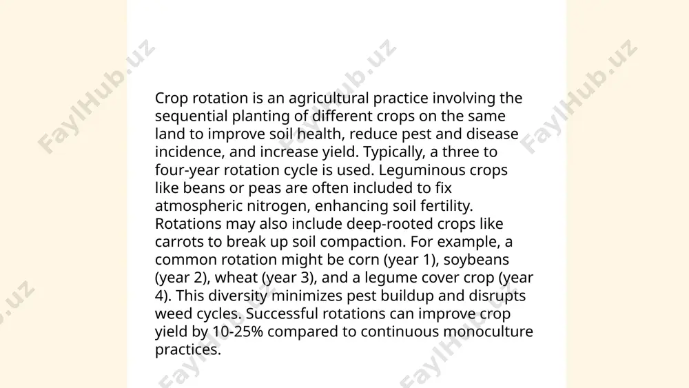 health. implementing ipm reduces reliance on chemical pesticides, promoting sustainable agriculture and reducing pesticide resistance development in pests. ... t.me/slaydai_bot livestock management involves the efficient and sustainable handling of farm animals such as cattle, sheep, goats, and poultry. proper nutrition is crucial, with animals requiring balanced diets to maintain health and productivity. housing should provide protection against extreme weather; for instance, cattle need shelters or shade in hot climates. disease control is vital; vaccination programs can reduce outbreaks by over 50%. water management is essential, with cattle needing 10-20 gallons daily. manure management systems can improve soil fertility while reducing environmental impact. breeding programs enhance productivity and genetic diversity, often increasing output by 20-30%. regular health check-ups and proper record-keeping are indispensable for maintaining herd productivity and ensuring food safety standards. a fermer mamasoliyev humoyun thank you for your attention! image1.png image2.png image3.jpg /docprops/thumbnail.jpeg