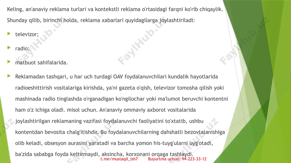 ning soni besh birlikgacha bo'lishi mumkin. ularning namoyishi birma-bir amalga oshiriladi, narxi boshqa turlarga nisbatan yuqori emas. albatta, ular maxsus joylashtirish yoki kafolatlangan namoyishlar kabi natijalarni ko'rsata olmaydi, ammo ularning natijasi kompaniyaning reklama qilingan mahsulotini ilgari surishning yuqori samaradorligidir. t.me/mustaqil_ish7 buyurtma uchun: 94-223-33-12 t.me/mustaqil_ish7 buyurtma uchun: 94-223-33-12 tematik reklama ushbu kichik turning o'ziga xos xususiyati o'tishning bo'lingan narxidir. u tom ma'noda baham ko'radi. agar qidiruv reklamasi reklama tizimlariga to'langan bo'lsa va dividendlar to'liq ularga tegishli bo'lsa, tematik reklamada hisobvaraqqa "tushish" uchun to'lov miqdori ikkiga bo'linadi: bir qismi reklama tizimiga, reklama xabarini uzatuvchi ikkinchi sayt - veb-saytga. qoidalarga ko'ra, reklama xabarlari ular joylashtirilgan resurs mavzusiga mos kelishi kerak, ammo amalda faqat kontekstga yaqinlik yoki hatto o'xshashlikning etishmasligi bo'lishi mumkin. ushbu hodisa rasmiy ravishda "xatti-harakatni nishonlash" deb ataladi. mavzu bo'yicha o'xshash bo'lmagan xabarlarni namoyish qilish sozlamalari mijoz tomonidan ushbu lahzani ijro etuvchi tizim bilan oldindan muhokama qilgan holda o'rnatilishi mumkin. shunday qilib, …