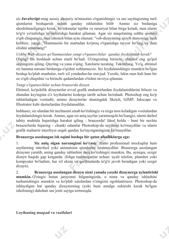 an o'zingizni ogohlantirasiz. photoshop-da ishlaydigan har qanday dizaynerning (yoki buni amalga oshirishi kerak bo'lgan ishchining) dahshati uni jonli saytga tortmoqda. loyihaning maqsad va vazifalari mijoz kerakli sayt turini tanlaydi va ushbu loyihaga nima uchun kerakligini, qanday funktsiyalarga ega bo'lishi va qanday vazifalarni bajarishi kerakligini iloji boricha batafsil bayon qiladi. "qisqacha" tuziladi - {textend} mijozning xohish-istaklari bilan maxsus hujjat, buning yordamida sayt narxini aniqroq aniqlash mumkin. u quyidagi masalalarni qamrab oladi: 1. loyihani amalga oshirish muddati qancha? 2. mijozning boshqa sayti bormi, uning kamchiliklari nimada? 3. agar loyiha tijorat bo'lsa, mijozning raqobatchilari bormi? 4. uning taklifi qanday farq qiladi? 5. resurs qaysi tillarda bo'lishi kerak? 6. mijoz o'zi yoqadigan saytlarga misollar keltira oladimi? 7. logotipga, rang sxemasiga qanday talablar qo'yiladi? ro'yxatni kengaytirish mumkin. texnik topshiriq va qisqacha ma'lumotni tuzishda iloji boricha ko'proq masalalarni muhokama qilishingiz kerak. bu loyihaning narxini aniqroq aniqlashga va uni mijoz bilan tezda muvofiqlashtirishga yordam beradi. qisqacha va …
