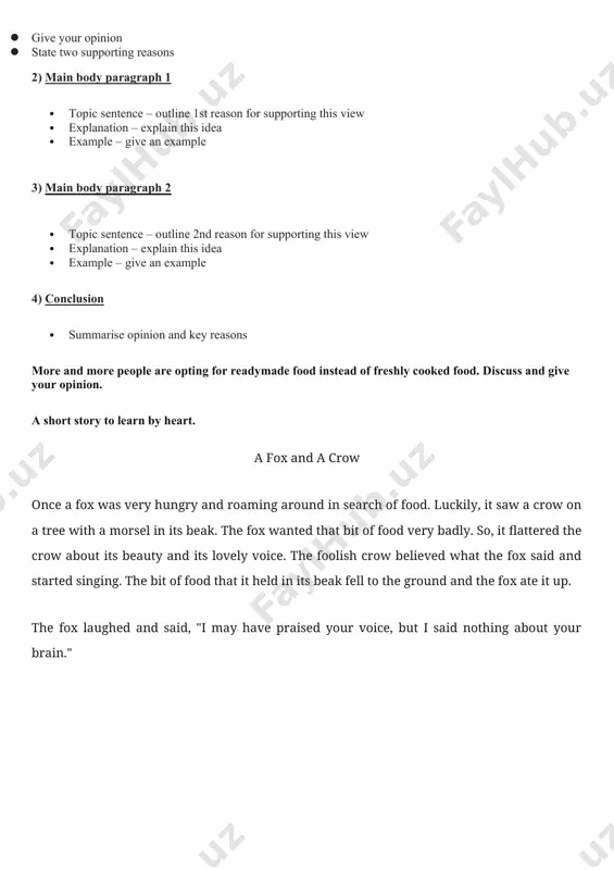 al wording that might be used: · what is your opinion? · do you agree or disagree? · to what extent do you agree or disagree? here is an example: key tips: · choose one side of the argument. · state your opinion clearly in the introduction. · keep the same opinion throughout the essay. · give reasons why you hold this view. it doesn’t matter which side of the argument you take or even that you agree with it. choose the one you can develop the best argument for. don’t change your opinion part way through the essay and don’t give reasons for the opposing idea. essay structure 1) introduction · paraphrase the question · give your opinion · state two supporting reasons 2) main body paragraph 1 · topic sentence – outline 1st reason for supporting this view · explanation – explain this idea · example – give …