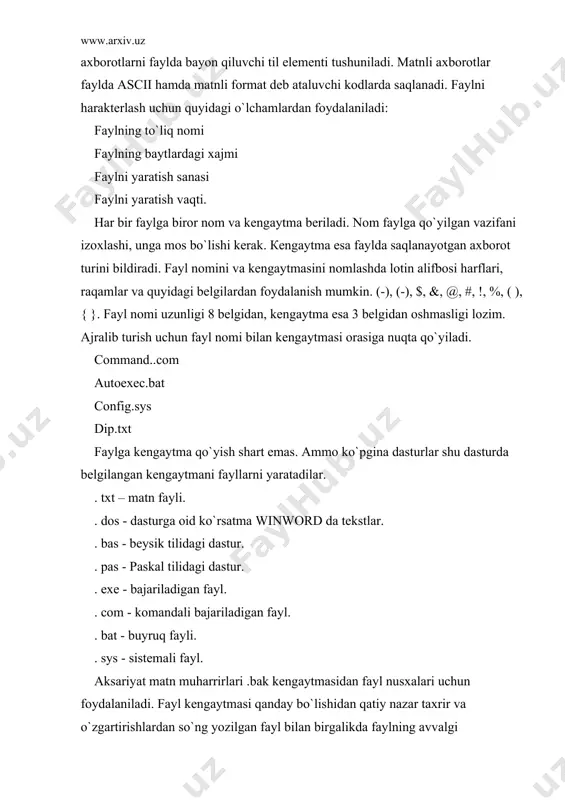 i ko`rsatish kerak. o`xshash fayllarni birdaniga chaqirish yoki ular ustida ishlash uchun *, ? - belgilari ishlatiladi. masalan: dos katalogidagi hamma com kengaytmali fayllarni ajratib chakirish uchun quyidagi komanda ishlatiladi. dir*.com/w natijada ekranda bir necha ustun ko`rinishida turli nomdagi .com kengaytmali fayllar ro`yxatini ko`rishimiz mumkin. bu erda dir buyrug`ining (*) belgisi fayldagi nom ruxsat etilgan barcha belgi, raqam yoki harflardan iborat bo`lishi mumkinligini ko`rsatadi. masalan c harfidan boshlanuvchi ixtiyoriy kengaytmali fayllar ro`yxatini ko`rish uchun dir c*./w komandasi ishlatiladi. fayllardan nusxa olish quyidagi amallardan foydalanish imkonini beradi. biror disk yoki katalogdagi faylni o`zga disk yoki katalogda xosil qilish, niqob belgilardan foydalanib, fayllar to`plamidan nusxa olish, fayl nomini o`zgartirib nusxa olish, ikki yoki bir necha fayllarni yagona faylga birlashtirish. masalan joriy diskdagi , txt kengaytmali barcha fayllardan a: diskka nusxa olish uchun copy *. txt a: buyrug`i ishlatiladi. fayl joyini o`zgartirmay uning nomini o`zgartirish quyidagi buyruq bilan amalga oshiriladi. ren dip.txt dip1.txt …
