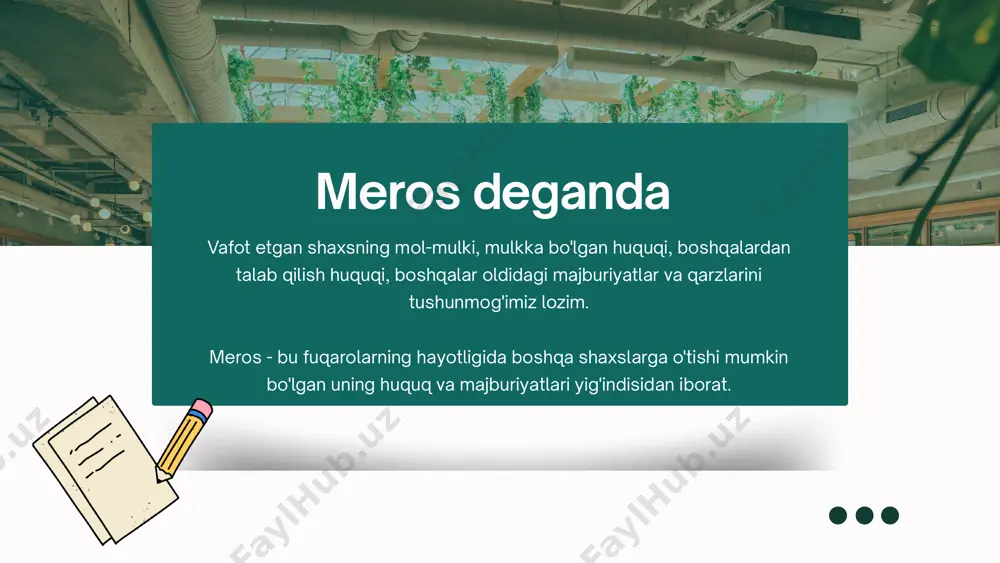 h tartibi va shartlari gonunda belgilab qo'yilgan bo'ladi. meros mulk qonunda belgilangan tartibda va miqdorda merosxo'rlar o'rtasida taqsimlanadi. qonun bo‘yicha vorislik farzandlar,farzandlikka olinganlar,er (xotin), ota-ona birinchi navbat qonun bo'yicha merosxo'rlar navbati qonun bo‘yicha merosxo‘rlar vorislikka fuqarolik kodeksining 1135 ––1141-moddalarida nazarda tutilgan navbat tartibida chaqiriladilar. umumiy qoidalar va navbatlar qonun bo‘yicha vorislar navbati tug'ishgan hamda ota(ona) bir ona(ota) boshqa aka-ukalari vaopa-singillar vabobo-buvilari (ikkala tarafdan ham) ikkinchi navbat tug'ishgan amakisi, tog'asi, ammasi, xolasi uchinchi navbat oltinchi darajagacha bo'lgan boshqa qarindoshlari to‘rtinchi navbat meros qoldiruvchining mehnatga qobiliyatsiz boqimlari beshinchi navbat e’tiboringiz uchun rahmat image1.png image2.svg image2.png image3.png image10.svg image4.jpeg image5.png image6.jpeg image7.gif image8.png image16.svg image9.png image18.svg image10.png image20.svg image11.gif image12.jpeg image13.png image24.svg image14.png image26.svg image15.png image28.svg media1.mp4 image16.jpeg media2.mp4 image17.jpeg image18.png image32.svg image19.jpeg image20.jpeg image21.png image22.gif image27.png image46.svg image28.png image48.svg image23.png image38.svg image24.png image40.svg image25.png image42.svg image26.png image44.svg image56.svg image33.png image58.svg image34.png image60.svg image35.png image62.svg image36.png image64.svg image37.png image66.svg image38.png image68.svg image29.png image50.svg …