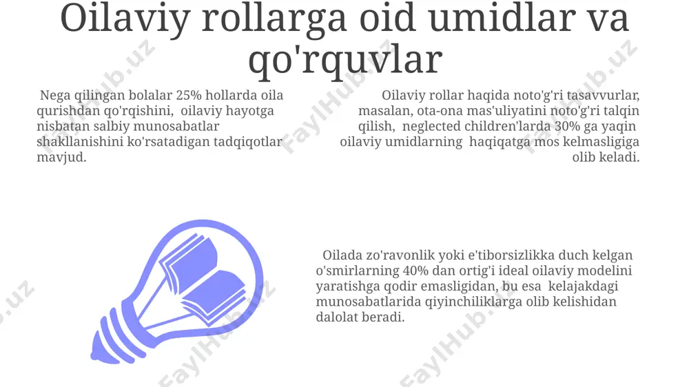 ajakdagi oilaviy rejalari va munosabatlariga salbiy ta'sir ko'rsatadi. oilaviy zo'ravonlik va e'tiborsizlikning ko'p sonli ta'sirini boshdan kechirgan bolalar o'zlarining kelajakdagi oilaviy hayotida sog'lom chegaralarni o'rnatishda va munosabatlardagi sog'lom muloqotni rivojlantirishda qiyinchiliklarga duch kelishadi. yaqin munosabatlarga bo'lgan munosabat oilaviy zo'ravonlik va e'tiborsizlikka duchor bo'lgan 20-25% o'smirlar, kelajakda o'z oilalarini qurishdan qo'rqishadi, yaqin munosabatlarga salbiy munosabat bildirishadi. nega etilgan bolalar 60% hollarda yaqin munosabatlarga ishonchsizlik bilan qarashni shakllantiradi, bu esa kelajakdagi oilaviy hayotlariga salbiy ta'sir ko'rsatadi. kam ta'minlangan oilalarda o'sgan o'smirlarning 35%ida sog'lom munosabatlarni o'rnatishga bo'lgan qobiliyati pasayganligi kuzatiladi, bu esa munosabatlarga salbiy munosabatni keltirib chiqaradi. qo'llab-quvvatlash va yordam tizimlari qo‘llab-quvvatlash tizimlarining 20%i o‘smirlarning ehtiyojlarini aniqlash va ularga moslashgan dasturlarni ishlab chiqishda yetarli tajribaga ega emas, bu esa samaradorlikni pasaytiradi. o‘smirlarning 75%i oilasida muammolar yuz bergan taqdirda, professional psixologik yordamga ega emasligi, kelajakdagi oilaviy munosabatlariga salbiy ta’sir ko‘rsatishi mumkin. bolalarni qo‘llab-quvvatlash va yordam tizimlarining 30%i yetarlicha moliyalashtirilmaganligi sababli, samaradorligi pasayadi va ehtiyojmand …