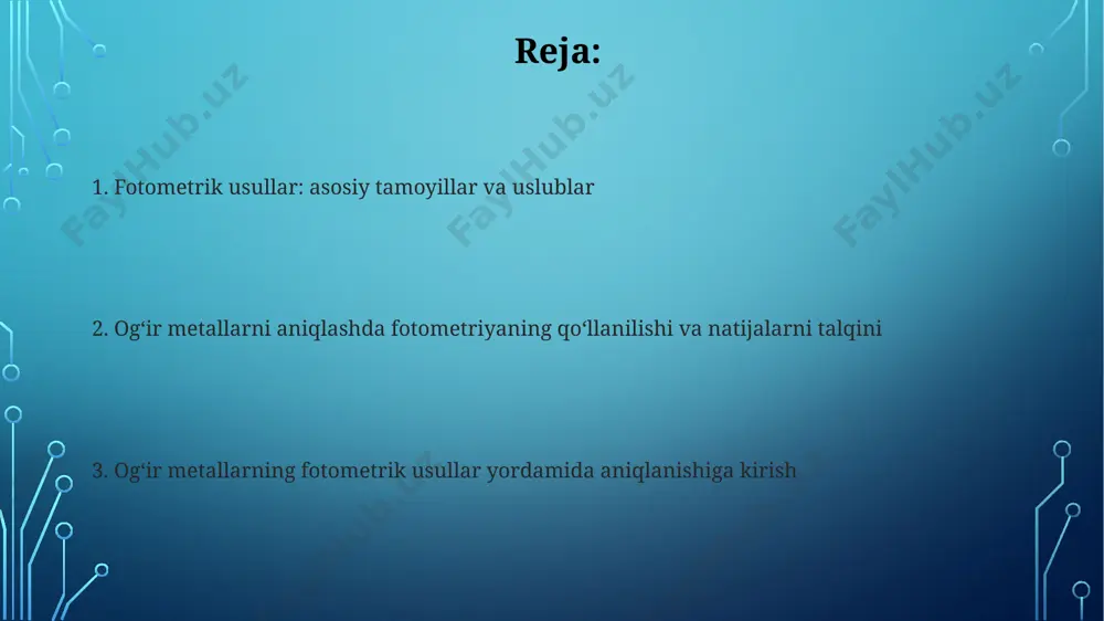 ll uchun maxsus reaktivlar talab etiladi. aniqlik va aniqlikni baholash aniqlikni baholashda standart namunalardan foydalanib, olingan natijalarni ma'lum miqdordagi standart og'ishish (masalan, ± 0.5 ppm) doirasida taqqoslash orqali aniqlik darajasini 95% ishonch oralig'ida baholash mumkin. aniqlik va aniqlikni baholash uchun regressiya tahlili (r² koeffitsiyenti 0.99 dan yuqori bo'lishi kerak) va t-testi (p 2 qiymati 0.99 dan yuqori bo'lishi kerak. kalibrlash egri chizigʻini tuzish uchun kamida 5 ta, lekin 10 tadan ortiq boʻlmagan standart eritmalar konsentratsiyasi oraligʻida tayyorlanadi va har birining optik zichligi oʻlchanadi. namunalarni tayyorlash va oldindan tozalash usullari namuna eritmalarini tayyorlashda 1:10 nisbatida mineral kislotalar (masalan, hno₃) qo'shish va keyin 100 ml gacha suyultirish bilan organik moddalarni mineralizatsiya qilish keng tarqalgan usul hisoblanadi. namuna tayyorlashda, 0,45 µm filtrdan o'tkazish orqali suspenziyalardan zarrachalarni ajratish noto'g'ri natijalarni oldini olish uchun muhimdir. turli xil matritsalardagi ogʻir metallarning aniqlanishi turli xil matritsalardagi ogʻir metallarning fotometrik aniqlanishi, masalan, suv va tuproq namunalarida, 0,1-10 mg/l …