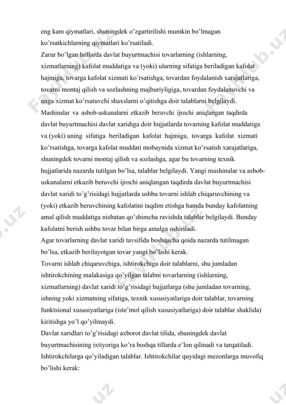 masligi; · o’ziga nisbatan joriy etilgan bankrotlik tartib-taomillarining mavjud emasligi; · insofsiz ijrochilarning yagona reestrida qayd etilmaganligi. ishtirokchilarga qo’shimcha talablar qo’yiladigan davlat xaridi. davlatbuyurtmachisi zarur bo’lganda tovarlarning (ishlarning, xizmatlarning) o’ziga xos xossalaridan yoki xususiyatlaridan kelib chiqqan holda ishtirokchilarga qo’shimcha talablar belgilashga haqli. ishtirokchilarga qo’yiladigan qo’shimcha talablar ushbu qonunda belgilangan printsiplarga zid bo’lmasligi kerak.ishtirokchilarga qo’yiladigan qo’shimcha talablar davlat xaridi to’g’risidagi axborotda u e’lon qilingan paytda ko’rsatilgan bo’lishi kerak.ishtirokchilarga qo’shimcha talablar qo’yiladigan davlat xaridida ishtirok etish uchun ishtirokchilar akkreditatsiya tartib-taomilidan o’tadi. ishtirokchilarni akkreditatsiyadan o’tkazish tartibi vakolatli organ tomonidan belgilanadi. birgalikdagi davlat xaridlari. tovarlarning (ishlarning, xizmatlarning) birgalikdagi davlat xaridlarini shakllantirish ikki va undan ortiq davlat buyurtmachisining davlat xaridlari bo’yicha rejalariga ko’ra amalga oshiriladi. tovarlarning (ishlarning, xizmatlarning) birgalikdagi davlat xaridlarini shakllantirish bir davlat dasturida yoki loyihalar portfelida ishtirok etayotgan davlat buyurtmachilarida amalga oshirilishi kerak. takliflarni ta’minlash. davlat buyurtmachisi xarid qilish tartib-taomiliga nisbatan ishtirokchilar tomonidan takliflarning garov, kafolat, zakalat tarzida yoxud qonun hujjatlarida nazarda tutilgan …