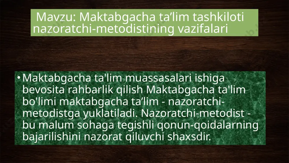 s ma'lumotga, ish stajiga ega bo'lgan; har tomonlama tayyorgarlik ko'rgan, o'z ishini ustasi, dunyoqarashi keng, ta'lim to'g'risidagi davlat siyosatini puxta egallagan, nazoratchi-metodist-mutaxasslslik malakalariga ega bo'lgan; xolis, vijdonli, davlat nuqtayi nazari, qiziqishlari asosida ish yurituvchi, javobgarlikni his etuvchi, aniq, xushyor, tartibli, talabchan, o'z so'zida tura oladigan, kamchilikka murosasiz bo'lgan; maktabgacha ta'lim ravnaqi uchun eng samarali, foydali, kerakli, asosiy vazifalarni o'z vaqtida aniqlay olishi, qisqa muddatda bajara olish xususiyatiga ega bo'lgan; maktabgacha ta'lim muassasasi ishini har tomonlama chuqur tahlil qila olishi, ishdagi kamchiliklar o'z vaqtida bartaraf etish choralarini tezda aniqlab olishi, bajarishi; maktabgacha ta'lim bo'limi va maktabgacha ta'lim muassasasiga doimiy amaliy yordam berish; yangilikka intilish, tashviqot qilish, pedagoglarning ilg'or ish tajribalari amaliyotga yangi texnologiya asosida kiritish; g'oyaviy, siyosiy, pedagoglik bilimi ustida tinmay ishlash. nazoratchi-metodist 3 yilda 1 marta malaka oshirish kurslarida o'z malakasini oshiradi. nazoratchi-metodist tumanda maktabgacha ta’lim ishining tashkilotchisi va rahbari, malakali pedagog-metodist, davlat nazoratchi-metodisti. u siyosiy jihatdan savodli, axloqiy mustahkam …