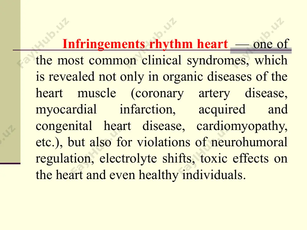 g of heart rate below 60 bpm. while maintaining the correct sinus rhythm. sinus bradikardia is due to decrease automatism of the sa-node. sinus bradikardiyasi ham sinus taxikardiyasi singari fiziologik va patologik bo’lishi mumkin. sinus aritmiyasi deb sinus ritmi saqlangan xolda davriy ravishda yurak qisqarishlari sonining tezlashib yoki sekinlashib turishiga aytiladi. sinus arrhythmia (sa) is called the wrong sinus rhythm, characterized by periods of acceleration and deceleration rate. sinus arrhythmia is caused by the formation of an irregular pulse in the sa-node sinus aritmiyasi ham fiziologik va patologik bo’lishi mumkin. sinus tахikаrdiyasi, brаdikаrdiyasi vа аritmiyasi ekstrаsistоliya –yurakning navbatdan tashqari qo’zg’alishi va qisqarishi extrasystole (es) is a premature excitation of the heart or any of his department, due to the extraordinary momentum that comes from the atria, av connections, or ventricles. bo’lmachalar ekstrasistoliyasining 4 ta ekg belgisi. navbatdan tashqari qisqarish bo’lib p tishchaning va uning ketidan qrs kompleksining kelishi. ekstrasistolik p …