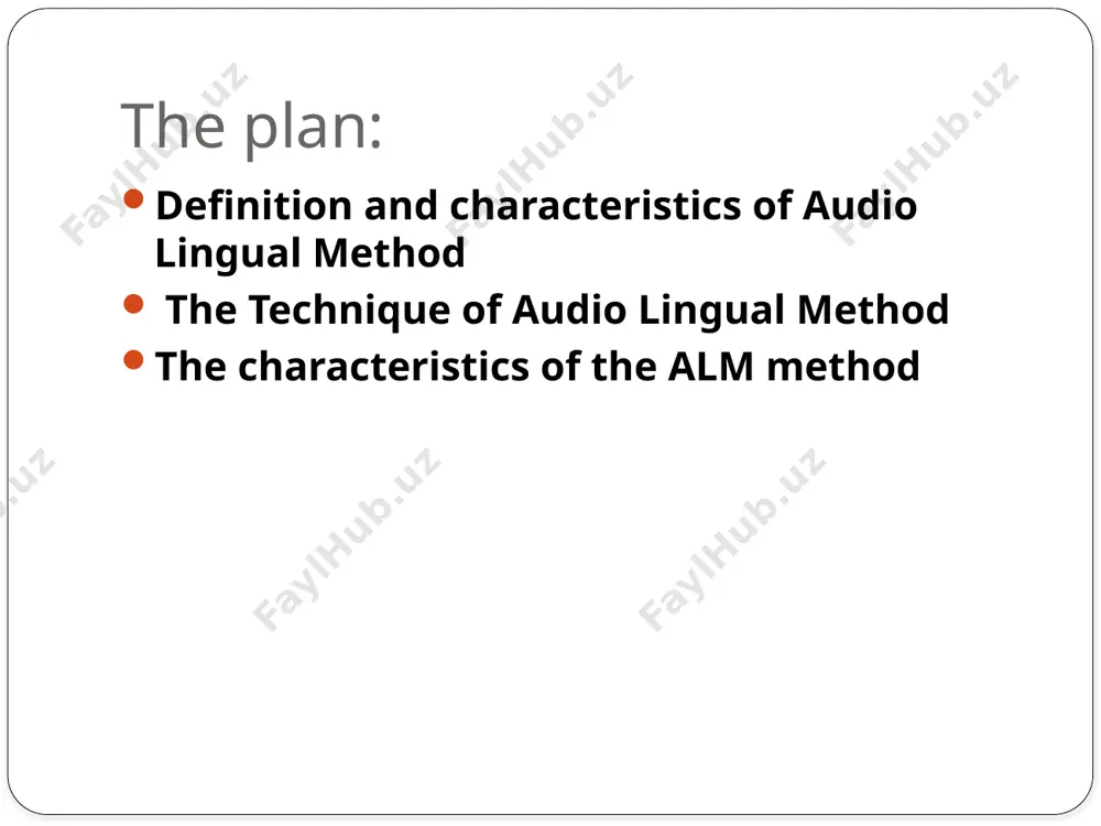 1) dialogs memorization : students memorize an opening dialog using mimicry and applied role playing. (2) backward build-up (expansion drill): teacher breaks a line into several parts; students repeat each part starting at the end of the sentence and “expanding” backwards through the sentence, adding each part in sequence. (3) repetition drill: students repeat teacher’s model as quickly and accurately as possible. 7 (4) chain drill : students ask and answer each other one by one in a circular chain around the classroom. (5) single-slot substitution drill: teacher states a line from the dialogue, and then uses a word or phrase as a “cue” that students, when repeating the line, must substitute into the sentence in the correct place. (6) multiple-slot substitution drill: same as the single slot drill, except that there are multiple cues to be substituted into the line. 8 (7) transformation drill.: teacher provides a sentence that …
