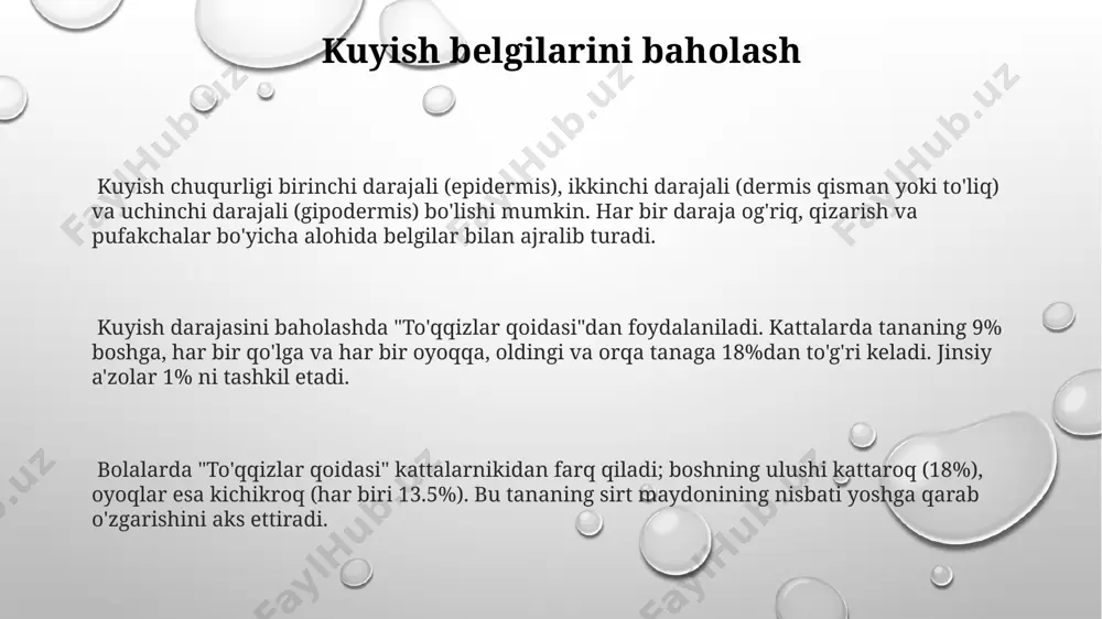 eabilitatsiya va rekonstruktiv. akut davrda bemorning ahvolini barqarorlashtirish, reabilitatsiyada funksiyalarni tiklash, rekonstruktiv davrda esa kosmetik muammolarni bartaraf etish ko'zda tutiladi. psixologik reabilitatsiya kuyishdan keyingi depressiya va tashvishlarni kamaytirishga qaratilgan. cbt (cognitive behavioral therapy) kabi usullar bemorlarga travmani qayta ishlashga va hayot sifatini yaxshilashga yordam beradi. reabilitatsiya jarayonida jismoniy terapiya muhim rol o'ynaydi. harakat terapiyasi kontrakturalarning oldini oladi, muskullarni mustahkamlaydi va 2-3 marta massaj qilish qon aylanishini yaxshilashga yordam beradi. kuyishni davolash usullari ikkinchi darajali kuyishlar uchun krem va malhamlar qo'llaniladi, balki 2-3 hafta davomida steril bog'lam zarur bo'lishi mumkin. ba'zida terini ko'chirib o'tkazish operatsiyasi ham talab etilishi mumkin. uchinchi darajali kuyishlar uchun gospitalizatsiya zarur, chunki ular ko'pincha terini ko'chirib o'tkazish operatsiyasini talab qiladi. fizioterapiya va reabilitatsiya 6 oygacha davom etishi mumkin. kuyishni davolash usullari kuyish sabablari elektr toki urishi natijasida kuyishlar 5% dan 10% gacha tashkil etadi. yuqori kuchlanishli elektr simlari, noto'g'ri ishlangan elektr jihozlari xavfli bo'lib, to'qimalarni jiddiy shikastlaydi. …
