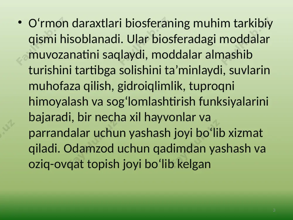 tlar o‘tkazuvidan yetishgan yog‘ochlar olish. o‘rtacha foydalanish- o‘rmon daraxtlarini parvarish qilish, ishlov berish, ya’ni butalash, kesish. bunday ishlov berish pishib yetishmagan yoshdagi barcha guruh o‘rmonlarida amalga oshiriladi. ular umumiy tayyorlanadigan yog‘ochlarning yarimdan ko‘pini berishi mumkin 14 15 image1.jpg image2.jpeg image3.jpeg image4.jpeg image5.jpeg image6.jpeg image7.jpeg image8.jpeg image9.jpeg image10.png /docprops/thumbnail.jpeg