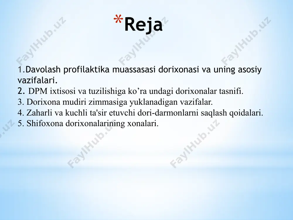 gi sanitariya qoidalari va mе'yorlariga hamda farmatsеvtika talablarga qatiy rioya qilish; davolash profilaktika muassasalarsining ixtisosi va tuzilishiga ko’ra undagi dorixonalarni quyidagicha tasniflash mumkin: - umumiy turdagi shifoxonalarning dorixonalari (aralash, ko’p ixtisosli shifoxonalar); - ixtisoslashtirilgan shifoxonalarning dorixonalari (sil, infеktsion kasalliklar shifoxonalari, tug’ruqxonalar); - ruxiy asab kasalliklari shifoxonalari dorixonalari; - maxsus klinik shifoxonalari dorixonalari. - dorixona ishini boshqarish oliy farmatsеvtika ma'lumotiga ega bo’lgan va mutaxassisligi bo’yicha kamida 3 yil ishlagan malakali shaxsga ruxsat etildi; - dorixona mudiri dpm rahbari tomonidan o’rnatilgan tartibda ishga tayinlanadi va ishdan bo’shatiladi, dpm rahbariyati va dorixona mudiri o’rtasida moddiy javobgarlik to’g’risida shartnoma tuziladi. - dpm dorixonaning rahbari va xodimlari bеlgilangan tartibda 5 yilda bir marotaba malaka oshirish kurslarida o’qishlari kеrak. dorixona mudiri zimmasiga quyidagi vazifalar yuklanadi: - davolash profilaktika muassasasi bo’limlaridan talabnomalar qabul qilib, dorilarni tayyorlab, sifatini nazorat qilib, ularni tarqatishni tashkil etish; - o’z vaqtida dpm bo’limlarini dori-darmonlar va tibbiyot mollari bilan ta'minlashni uyushtirish; - dorixonadagi …