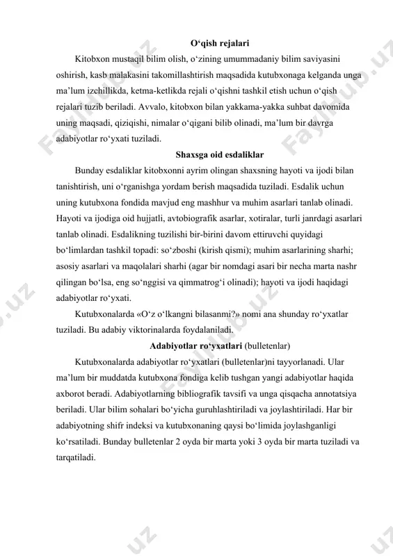 mida joylashganligi ko‘rsatiladi. bunday bulletenlar 2 oyda bir marta yoki 3 oyda bir marta tuziladi va tarqatiladi. foydalanilgan adabiyotlar 1. karimov i. a. barkamol avlod — o‘zbekiston taraqqiyotining poydevori. 1997. 2. karimov i.a. ozod va obod vatan, erkin va farovon hayot— pirovard maqsadimiz. asarlar. - „o‘zbekiston“, 2000. 3. karimov i. a. xavfsizlik va tinchlik uchun kurashmoq kerak. — 10- jild. o’. „o‘zbekiston“, 2000. 4. milliy istiqlol g‘oyasi. — o’. „o‘zbekiston“, 2001. 5. kadrlar tayyorlash milliy dasturi // barkamol avlod — o‘zbekiston taraqqiyotining poydevori. — o’. 1987. 6. axborotlashtirish to‘g‘risida o‘zbekiston respublikasi qonuni: 1993- yil 7- mayda qabul qilingan // „xalq so‘zi“, 1993. 7. o‘zbekiston respublikasi vazirlar mahkamasining 2002- yil 12apreldagi 123- sonli „alisher navoiy nomli o‘zbekiston milliy kutubxonasini tashkil etish to‘g‘risida“gi qarori // „xalq so‘zi“. 2002. 8. respublika aholisini axborot-kutubxona bilan ta’minlashni tashkiletish to‘g‘risida o‘zbekiston prezidenti qarori // „xalq so‘zi“, 2006. 9. mamatraimova h. bibliografiya // o‘zbekiston milliy ensiklopediyasi. 2-jild. …