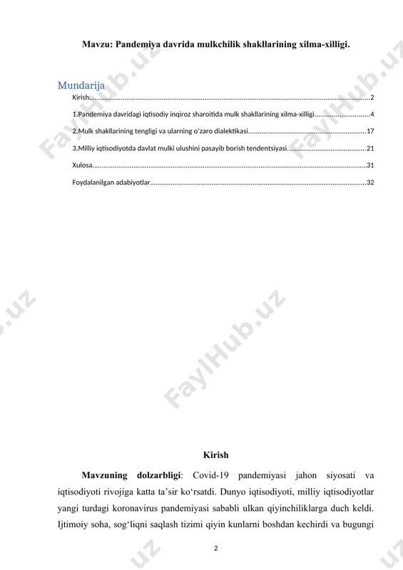 qirozning salbiy oqibatlari natijasida 2020-yil jahon iqtisodiyoti 4,3 %ga qisqardi. jahon savdosi esa 9 %ga qisqarib ketdi. ko‘plab mamlakatlarning iqtisodiyotlari kiritilgan karantin cheklovlari sababli jiddiy zarar ko‘rdi. biznesni qo‘llab-quvvatlash maqsadida berilgan ,,soliq ta’tillari’’ byudjetga soliq tushumlarining kamayishiga olib keldi. chegaralar yopilishi oqibatida eksport hajmlari keskin kamaydi, logistika zanjirlari esa uzilib qoldi. ayni paytda sog‘liqni saqlash sohasiga katta miqdorda mablag‘ yo‘naltirishga to‘g‘ri keldi. bu esa byudjet yetishmovchiligi sharoitida ko‘plab rivojlanayotgan mamlakatlarni og‘ir ahvolga solib qo‘ydi. natijada, hozirgi paytda rivojlanayotgan mamlakatlar tomonidan yirik miqdorda xalqaro qarz jalb qilish jarayoni kuzatilmoqda. pandemiya natijasida dunyo miqyosida ishsizlik darajasi keskin darajada oshib ketdi va tarixiy rekordlarni qayd etdi. 2020-yil dunyo miqyosida ishsizlar soni 223 milliondan ortiqni tashkil etdi. solishtirish uchun, 2019-yilgi ko‘rsatkich 185 milliondan ortiqni tashkil etgan edi. shubhasiz, ishsizlar sonining bunday keskin oshishi davlatlarni ijtimoiy sohaga yanada ko‘proq e’tibor berishga va mablag‘ ajratishga majbur qiladi. byudjet defitsiti sharoitida esa ko‘plab rivojlanayotgan mamlakatlar bunday moliyaviy …