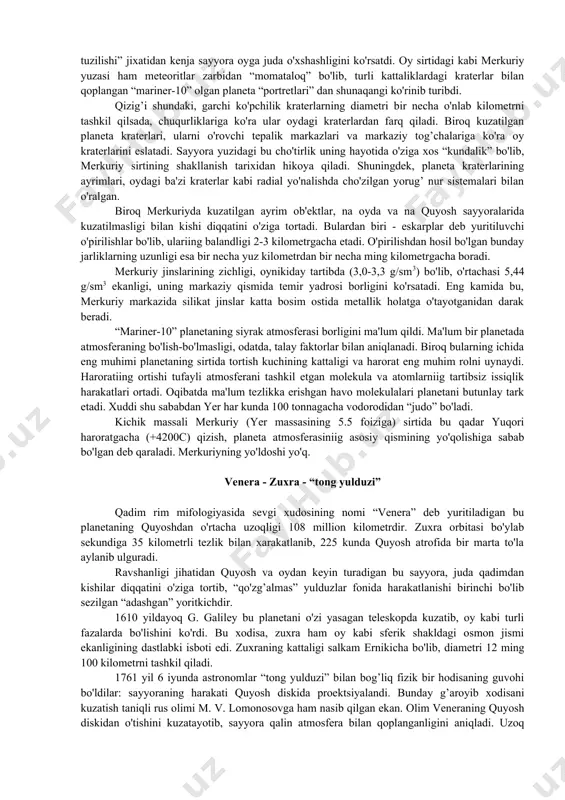 ley kometasi davriy kometalardan qatoriga kiradi. yer gruppasidagi planetalar - merkuriy, venera, yer va mars gigant planetalardan zichligining kattaligi, o'z o'qi atrofida sekin aylanishi, atmosferasining ancha yirikligi, yo'ldoshlarining bo'lmasligi yoki kam bo'lishi bilan farq qiladi. merkuriy - quyoshning “kenjasi” bu sayyora, quyosh sistemasidagi to'qqizta pleneta ichida quyoshga eng yaqini bo'lib, qadimda rimliklar uni sayohatchilarning panohi, savdo - sotiq xudosi nomi bilan merkuriy, arablar esa uni utorud deb atashgan. utorudning orbitasi boshqa sayyoralarnikidan farq qilib, cho'zinchoq aylana (ellips) shaklidadir. shuning uchun ham bu sayyoraning quyoshdan uzoqligi 0,31 dan to 0,47 astronomik birlikkacha cho'zilib turadi, o'rtacha uzoqligi esa 58 million kilometrni tashkil qiladi. merkuriyning diametri 4880 killometr bo'lib, uning sirtida tortish kuchi еrnikidan 2,5 marta kam. utorud o'z orbitasi bo'ylab sekundiga 48 kilometr tezlik bilan harakatlanib, quyosh atrofida 88 kunda to'la aylanib chiqadi. qizig’i shundaki, quyosh oilasi “kenja” sining bir kuni uning ikki yiliga teng, boshqacha qilib aytganda planetaning bir kechayu-kunduzi yerning …
