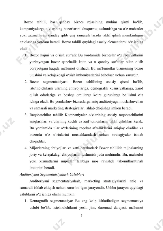 onlayn yangiliklar platformasini ishga tushirmoqchi bo‘lsangiz, bozoringiz global bo‘lishi mumkin, yoki agar siz mahalliy yangiliklar bilan shug‘ullanadigan bo‘lsangiz, ma'lum bir geografik hududga qaratilgan bo‘lishi mumkin. 2. bozor hajmi va o‘sish istiqbollari bozor hajmini va uning o‘sish istiqbollarini baholash, media biznesingiz uchun umumiy bozor salohiyatini aniqlashda muhimdir. bu yerda siz o‘tgan yillardagi o‘sish ko‘rsatkichlari va kelajakda kutilayotgan o‘sish tendentsiyalarini kiritishingiz kerak. statistik ma'lumotlar va bozor tadqiqotlari manbalaridan foydalanib, bu ma'lumotlarni taqdim etishingiz mumkin. 3. raqobat tahlili bozordagi asosiy raqobatchilarni va ularning biznes modellari, kuchli va zaif tomonlari, bozor ulushlari va strategiyalarini tahlil qiling. shuningdek, raqobat muhitini swot tahlili orqali batafsil ko‘rib chiqish mumkin, bu esa sizga o‘z strategiyangizni shakllantirishda yordam beradi. raqobatchilarning qanday yutuqlarga erishganligi va qaysi sohalarda zaifligi haqida tushuncha beradi. 4. iste'molchilar tahlili o‘zingizning asosiy mijozlaringiz kim ekanligini tushunish uchun iste'molchilar tahlilini o‘tkazing. bu, ularning xulq-atvori, xarid qilish odatlari, media iste'moli shakllari va kommunikatsiya preferensiyalari kabi jihatlarni o‘z ichiga …