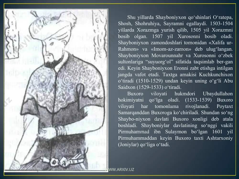 i-lik ancha rivojlanadi. yarim ko‘chmanchi hayot kechiruvchi o‘zbek qabi-lalari boshliqlari, yirik chorvador boylar, shuningdek, xon va saroy amaldorlari, harbiy-ma’muriy mansabdorlar, din peshvolari tog‘ va tog‘ oldi tumanlarida, dashtlarda katta-katta yaylovlarga ega bo‘lganlar. www.arxiv.uz www.arxiv.uz shayboniylar davlati markaziy va mahalliy boshqaruvi shayboniylar davlati o‘z mohiyatiga ko‘ra yirik davlat bo‘lib, oliy hokimiyat cheklanmaga huquqlarga ega bo‘lgan davlat boshlig‘i xon tomonidan boshqarilgan. xonlikning siyosiy tizimida, boshqaruvida amir temur va temuriylar davrida qaror topgan tartib qoidalar, xususiyatlar bilan birga ko‘chmanchi o‘zbeklar davlatiga xos an’analar ham mavjud edi. davlat boshqaruvida islomiy shariat va odat qonun qoidalariga amal qilingan. davlatni boshqarishda xon saroyidagi oliy darajadagi amaldorlardan tashkil topgan markaziy boshqaruv va viloyat hokimlari qo‘lidagi mahalliy boshqaruv asosiy o‘rin tutib, ular mamlakatning amaldagi haqiqiy egalari edilar. ular yordamida, bevosita ishtirokida xon ma’muriy boshqaruvni amalga oshirardi. markaziy boshqaruv davlatning ichki va tashqi hayotiga bog‘liq barcha masalalarni hal qiladigan dargoh-saroy devonida jamlangan edi. davlatning oliy darajali amaldorlari a’zo bo‘lgan …