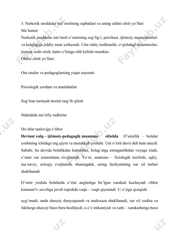 ilik, qanoatlilik va shu kabi irodaviy xususiyatlai shakllanadi. o’smirlarning qiziqishlari kichik yoshdagilarga qaraganda birqancha o’zgaradi. ular qiziqish va badiiy faoliyatga intilishlarida kichik yoshda tarqoqlik va qat`iyatsizligi bilan ajralib turadi. shu tariqa o’smirlik yoshning xarakterli xususiyatlarini ajratib ko’rsatadigan bo’lsak, ular irodaviy xulq – atvorini boshqarishda o’zini nazorat qilishda maxoratini etarlicha rivojlanmaganligi xoxishiga qarab ish tutmoq va o’zining talablarini qondirish imkoniyatlarining etishmasligi, yuqori darajadagi ishonuvchanlik, o’zining o’rnini topish va kattabo’lishga xarkat qilish. xulq atvorida jamiyatda qabul qilingan norma va qoidalardan ortda qolish qiyin yoki tarbiya qilishi qiyin o’smir deb atashadi. tarbiya qilish qiyin tushinchasi deganda pedagogik ta`sirga qarshilik ko’rsatish ya`ni ayrim ijtimoiy dasturlarni, bilimlarni, malakalarni, tarbiya va ta`limdagi talab va normalariga qarshilik ko’rsatuvchilar tushiniladi. o’smirlarda tarbiyasi qiyinchilik, yashab turgan jamiyatdagi belgilangan norma va qoidalarga amal qilmaslik ilmda devlatsiya ko’rinishida ko’rib chiqiladi. devlatsiya – so’zi og’ishi, bo’lishi ma`nosini anglatadi. insonga va yashab turgan atrof – muxitga xos bo’lgan o’zgarishning bir kurinishi devlatsiya (ortda …
