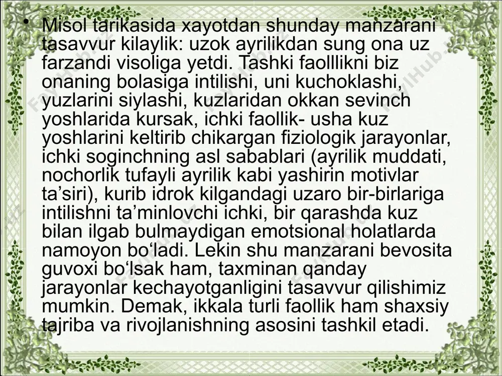 rakatlarni muvaffakiyatli bajarishni ta’minlasa, biz buni kunikmalar deb ataymiz. . kunikmalar – doimo bizdagi aniq bilimlarga tayanadi. masalan, kunikma va malakalar uzaro boglik bo‘ladi, shuning uchun ham ukuv faoliyati jaarayonida shakllanadigan barcha kunikmalar va malakalar shaxsning muvaffakiyatli ukishini ta’minlaydi. ikkalasi ham mashklar va kaytarishlar vositasida mustaxkamlanadi. agar, fakat malakani oladigan bo‘lsak, uning shakllanish yullari kuyidagicha bulishi mumkin: oddiy namoyish etish yo‘li bilan; tushuntirish yo‘li bilan; ko‘rsatish bilan tushuntirishni uyg‘unlashtirish yo‘li bilan. xayotda ko‘nikma va malakalarning ahamiyati katta. ular bizning jismoniy va aqliy urinishlarimizni yengillashtiradi va o‘qishda, mehnatda, sport sohasida va ijodiyotda muvaffaqiyatlarga erishishimizni ta’minlaydi. faoliyatni klassifikatsiya qilish va turlarga bo‘lishning yana bir keng tarqalgan usuli – bu barcha insonlarga xos bo‘lgan asosiy faolllik turlari buyicha tabaqalashdir. bu – muloqot, o‘yin, o‘qsh va mehnat faoliyatlaridir. muloqot- shaxs individual rivojlanishi jarayonida namoyon bo‘ladigan birlamchi faoliyat turlaridan biri. bu faoliyat insondagi kuchli ehtiyojlardan biri- inson bulish, odamlarga uxshab gapirish, ularni tushunish,sevish, uzaro munosabatlarni …