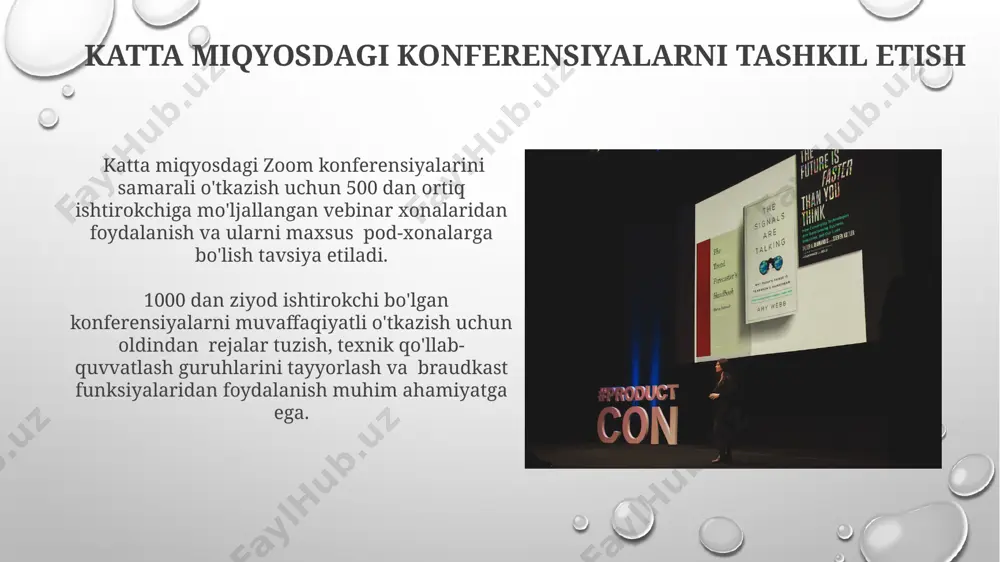 olish” funksiyasini faqat ruxsat etilgan ishtirokchilar uchun yoqish orqali, noqonuniy yozuvlarning oldini olish mumkin. bu sizning maxfiy ma'lumotlaringizni himoya qiladi. zoom xavfsizlik sozlamalarida 2 omilli autentifikatsiya (2fa)ni faollashtirish orqali, hisobingizni noqonuniy kirishlardan himoya qilish va xavfsizlik darajasini 90% ga oshirishingiz mumkin. audio va video sozlamalari video sozlamalarida 720p yoki 1080p kabi turli xil aniqlik darajalarini tanlash, tarmoq tezligiga qarab, video sifatini optimallashtirishga imkon beradi. "virtual fon" funksiyasi orqali 30 dan ortiq turli xil fon rasmlarini tanlash yoki o'z rasmingizni yuklash orqali, yig'ilish ishtirokchilarining fonini o'zgartirish va vizual jozibadorlikni oshirish mumkin. zoom platformada konferensiyalarni yaratish konferensiya yaratishda siz turli xil xususiyatlarni, jumladan, ekranni almashish, chat xususiyatlari va qayd etish imkoniyatlarini sozlashingiz mumkin. ularning 3 dan ortiq turlari mavjud. zoom platformasi orqali rejalashtirilgan va avtomatik ravishda takrorlanuvchi konferensiyalarni yaratishingiz va uchrashuv havolasini ishtirokchilarga yuborishingiz mumkin; shuningdek, parol bilan himoya qilish imkoniyatidan foydalanishingiz mumkin. ekranni ulashish va taqdimotlar zoomda ekranni ulashishning 3 xil …