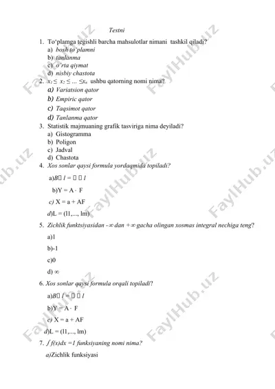 statistika asoslari test savollari — DOC