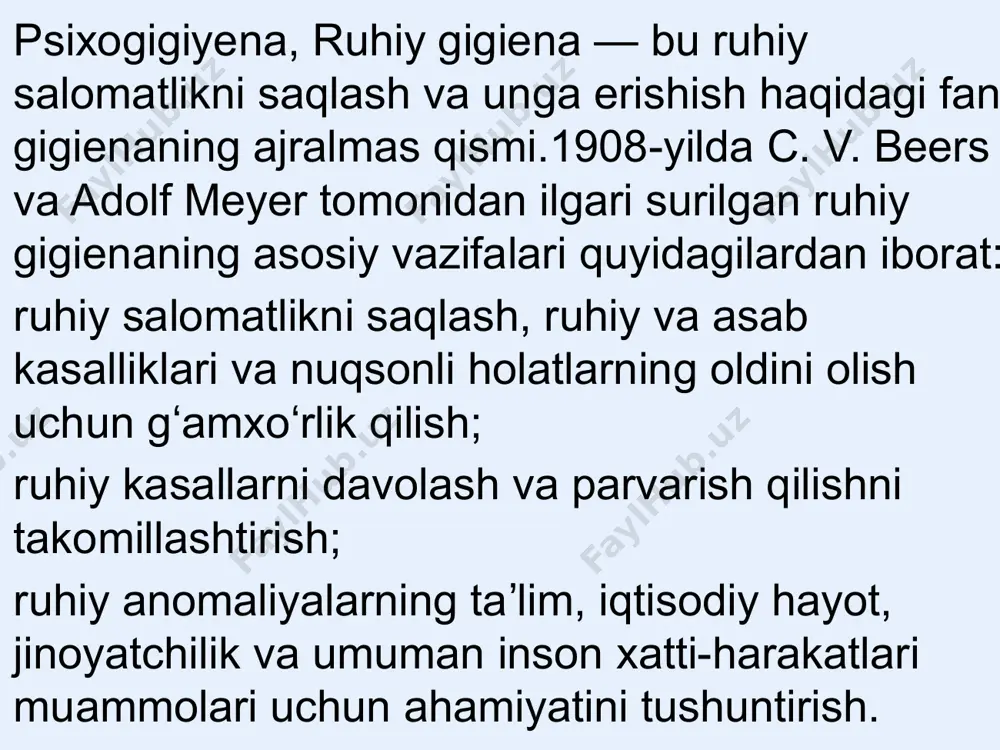 izimi funksional holatiga nojo'ya ta’sir ko‘rsatmasdan qolmaydi. psixogigiyena ushbu salbiy holatlarning asab tizimiga ta’sirini pasaytirish, asab markazlarining «immunitetini» mustahkamlash bilan ham faol shug‘ullanadi. psixogigiyena muammolari psixopro­ filaktika muammolariga o‘xshab ketadi. chunki har qanday psixo- gigiyenik muolajalar ruhiy, asab va boshqa kasalliklar kelib chiqi- shining oldini olishda muhim ahamiyat kasb etadi kuchli hissiy hayajonlanish, og‘ir musibat, aqliy zo'riqish orga- nizmning umumiy holatiga nojo'ya ta’sir ko‘rsatadi. buning natijasida gomeostazning normal faoliyati buzilib, ichki a’zolar kasalliklari rivojlanishiga sharoit yaratiladi. demak, ruhiy salomatlikni saqlash butun bir organizmni turli kasalliklardan asrash demakdir. psixogi­ giyena asab-ruhiy kasalliklar, shaxs o‘zgarishlari, ichkilikka ruju qo‘yish, giyohvandlik kabi illatlarning oldini olish bilan ham faol shug‘ullanadi. psixogigiyena muammolari inson shaxsini e’tiborga olgan holda yechiladi. doimiy hasad, vahimaga tushaverish, har narsaga arazlayverish kabi holatlar inson ruhini ishdan chiqaradi. bunday odamlar ruhiy salomatligidan ayrilib, ichkilikka ruju qo‘yadigan, hech kimga ishon- maydigan, o‘zining sog‘ayib ketishiga ham katta gumon bilan qaray- diganbo‘lib qolishadi. ruhiy buzilish …