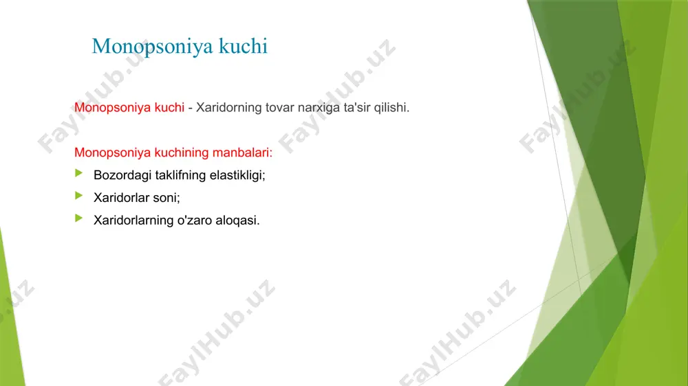 ordagi erkin raqobatini yo`lga qo`yish kerak bozorda ishlab chiqaruvchi emas, balki is’temolchi o`z shartini qo`yadi, o`z izmini o`tkazadi monopolistik hokimiyat manbalari talab egri chizig'i qanchalik elastik bo'lsa, firma shunchalik ko'p monopol kuchga ega bo'ladi firmaning talab elastikligini 3 omil aniqlaydi. bozor talabining egiluvchanligi. bozordagi firmalar soni. firmalar o'rtasidagi o'zaro ta'sir. nima uchun ba'zi firmalar sezilarli darajada monopol kuchga ega, boshqa firmalar esa kam yoki yo'q? yodda tutingki, monopol hokimiyat - bu narxni chegara narxidan yuqori darajaga ko'tarish qobiliyati va narx chegara narxidan oshib ketadigan miqdor teskari ravishda firma oldida turgan talabning egiluvchanligiga bog'liq. tenglama (10.4) ko'rsatilgandek, uning talab egri chizig'i qanchalik elastik bo'lsa, firma shunchalik ko'p monopol kuchga ega bo'ladi. monopol hokimiyatning yakuniy hal qiluvchi omili shu sababli firmaning talab egiluvchanligidir. shunday qilib, biz o'z savolimizni qayta ko'rib chiqishimiz kerak: nega ba'zi firmalar (masalan, supermar-ket zanjiri) boshqalarga qaraganda egiluvchan talab egri chiziqlariga duch kelishadi (masalan, dizayner kiyimlari ishlab chiqaruvchisi)? uch …