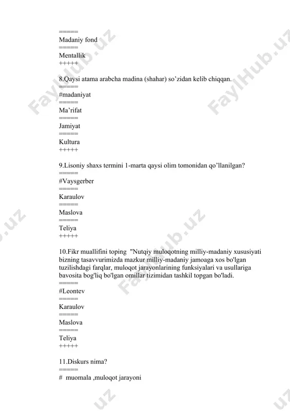 isol, namuna" ===== inglizcha "obyekt" ===== ruscha "ideya" ===== yunoncha "metodika" +++++ 21."ilmiy paradigma" termini kim tomonidan muomalaga kiritilgan? ===== # t. kun ===== boduen de kurtene ===== f.de sossyur ===== ov.a. maslova +++++ 22.tilshunoslikdagi ilk ilmiy paradigma qaysi? ===== # qiyosiy-tarixiy ===== tizimli strukturaviy ===== antropotsentrik ===== egosentrik +++++ 23.tizimli-strukturaviy paradigmada asosiy e'tibor nimaga qaratiladi? ===== # obyektga ===== subyektga ===== tizimga ===== nutqqa +++++ 24.antropotsentrik paradigmada asosiy e'tibor nimaga qaratiladi? ===== # subyektga ===== tilga ===== nutqqa ===== obyektga +++++ 25.xix asrning paradigmasi qaysi belgi ostida kechgan? ===== # tarixiylik belgisi ===== strukturalizm belgisi ===== ijtimoiylik belgisi ===== inqilob belgisi +++++ 26.t.kun paradigmalarning o'zgarishini nima deb ataydi? ===== # ilmiy inqilob ===== yangilik ===== progress ===== regress +++++ 27.lingvokulturologiyaning barcha paradigmalari nimaga asoslanadi? ===== # tilga ===== faqatgina madaniyatga ===== jamiyatga ===== insonga +++++ 28.so'nggi ilmiy paradigmaga qanday kategoriya kiritildi? ===== # til egasi ===== til tizimi ===== …
