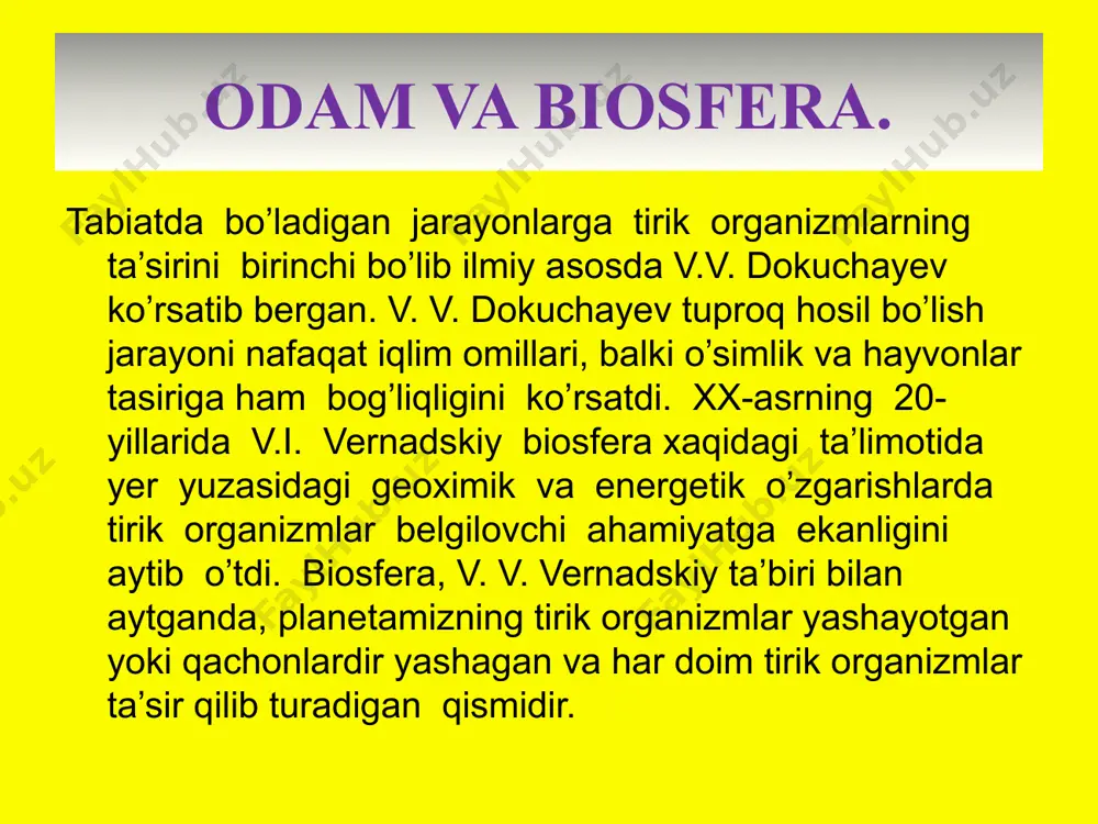 ’lumki tabiatda moddalarning aylanishi uchun uch guruh (elementlarning) organizmlarning bo’lishi shart. hayotni prodostentlarsiz tasavvur qilish qiyin. ular birlamchi bio mahsulotlarni hosil qiladi. konsumentlar birlamchi va ikkilamchi mahsulotni iste’mol qilgan holda, organik moddalarni bir holdan ikkinchi holga o’tkazadi va hayot hilma-xilligini keltirib chiqaradi. suvning tabiatda aylanishi. suv biosferaning barcha tarkibiy qismlarida uchraydi. u suv havzalaridan tashqari tuproqda, havoda va boshqa tirik organizmlarning 80-90% biomassasini tashkil etadi. suvni tabiatda aylanishi quyidagicha beradi. suv yer yuziga atmosfera yog`inlari tarzida tushib, atmosferaga asosan o’simliklarning suv bug`lanishi va dengizlar yuzasining hisobiga bu holatda qaytadi. suvlarning ifloslanishi va uni oldini olish muammolari. suv yetishmasligining yana bir muhim sababi uning sanoat,ma’xsulotlari va qishloq xo’jaligi chiqindalari bilan ifloslanishidir. oqova suvlar, ya’ni ishlatilgan va ifloslangan suvlar aksariat xollarda suv havzalariga qo’yilmoqda. bunday suvlarning 1m3 hajmi toza suvning 40-60 m ni ifloslaydi.oqova suvlarga tushadigan ifloslovchilar mineral organik va biologik ifloslovchilarga ajratiladi. mineral ifloslovchilarga qum, loyqa, mineral tuzlar, kislota va ishqorlar …