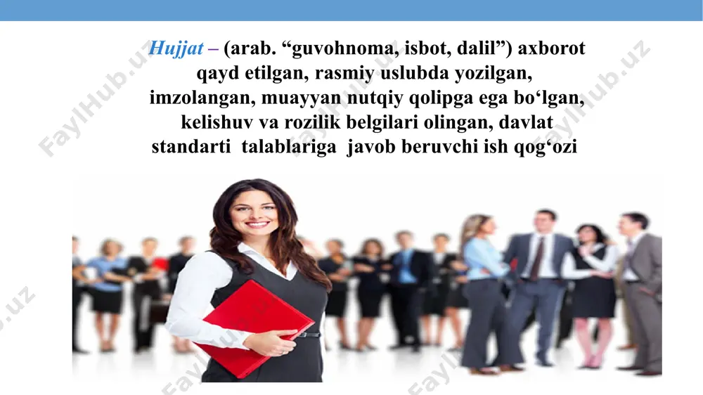 o‘zdagi ifodasi ko‘rsatiladi 1) “. . . so‘m maosh bilan . . . lavozimiga tayinlansin”; 2) “. . . o‘z xohishiga ko‘ra . . . lavozimidan bo‘shatilsin”; 3) “. . . boshqa ishga o‘tganligi munosabati bilan . . . lavozimidan bo‘shatilsin”; 4) “. . . ga . . . dagi faol va samarali ishtiroki uchun tashakkur e’lon qilinsin”; 5) “. . . ga o‘z bo‘limida intizomni bo‘shashtirib yuborganligi uchun hayfsan e’lon qilinsin” va h.k. hujjatlar tilida turg‘unlashgan, qoliplashgan so‘z birikmalaridan foydalanish masalan, buyruqda quyidagicha qoliplashgan tuzilmalar qo‘llanishi mumkin: hujjatlarda sanalar arab raqami bilan yoziladi. bunda ruscha shaklda – 15.11.2020; 02.08.2020 tarzda emas, balki quyidagi o‘zbekcha gap tuzilishidan kelib chiqqan shaklda berish kerak: 2020.04.09; 2020.15.04. bunda dastlabki to‘rt raqam yilni, keyingilari kun va oyni bildiradi hujjatlarda ularning imzolanishiga rioya etiladi: avval hujjatga imzo chekadigan mansabdor shaxs lavozimining nomi, so‘ng shaxsiy imzosi va familiyasi ko‘rsatiladi. masalan,tavsifnoma, dalolatnoma kabi hujjatlarda, odatda, 3- shaxs …