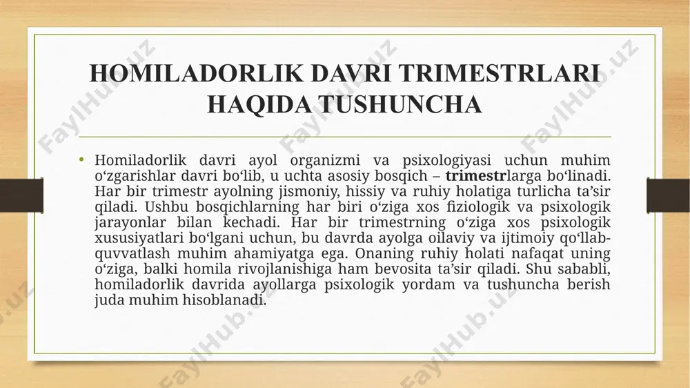 hi trimestrda uchraydigan psixologik inqirozla homiladorlikni qabul qilish inqirozi – kutilmagan yoki rejalashtirilgan homiladorlikdan qat’i nazar, ayolning yangi vaziyatga moslashishi oson bo‘lmasligi mumkin. ba’zan u homiladorlikni rad etish yoki tushunmovchilik holatiga tushishi mumkin. hissiy beqarorlik – gormonal o‘zgarishlar natijasida kayfiyat tez o‘zgarib, tez-tez yig‘lash, asabiylashish va tushkunlikka tushish kuzatiladi. kelajak haqidagi xavotir – ayol homiladorlikning qanday kechishi, tug‘ruq jarayoni va onalik mas’uliyati haqida ko‘p o‘ylab, xavotirga tushishi mumkin. ikkinchi trimestrda uchraydigan psixologik inqirozlar tashqi o‘zgarishlarni qabul qilish qiyinligi homila bilan bog‘lanish inqirozi oila va jamiyat bilan munosabatlar o‘zgarishi ayolning tanasi o‘zgarib, vazni ortadi, bu esa uning o‘ziga bo‘lgan ishonchini pasaytirishi mumkin. ba’zi ayollar homilasi bilan bog‘lanish hissini darhol his qilmaydi va bu ularda ayollik yoki onalik instinktiga shubha uyg‘otishi mumkin. bu davrda ayolga ko‘proq e’tibor qaratilishi yoki aksincha, e’tiborning kamayishi psixologik muammolarni keltirib chiqarishi mumkin. uchinchi trimestrda uchraydigan psixologik inqirozlar tug‘ruqdan oldin qo‘rquv va stress mas’uliyat hissining ortishi oilaviy munosabatlardagi …