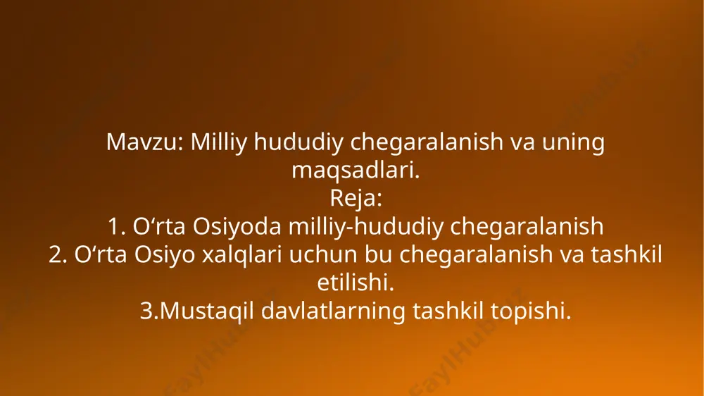 l qilingan qirgʻiziston assr (aslida qozogʻiston assr) bilan birlashtirish maqsadida qirgʻiz (aslida qozoq) xalqiga turkiston assrdan chiqish huquqi, qora qirgʻiz (aslida qirgʻiz) xalqiga turkiston assrdan chiqish huquqi va qora qirgʻiz (aslida qirgʻiz) avtonom oblastini tashkil etish huquqi, tojik xalqiga ham turkiston assrdan chiqib, tojikiston avtonom oblastini tashkil etish huquqi berilishi kerakligi taʼkidlandi. adabiyotlar ro’yxati: 1.turkestan v nachale xx veka: istorii istokov natsionalnoy nezavysimosti, t., 2000; 2.oʻzbekistonning yangi tarixi, 2-kitob [oʻzbekiston sovet mustamlakachiligi davrida], t., 2000; 3.oʻzbekiston davlatchiligi tarixi ocherklari, t., 2001; rajabov q., 4. haydarov m., turkiston tarixi (1917—1924-yil), t, 2002. raʼno rajapova, qahramon rajabov. etiboringiz uchun raxmat. image2.png image3.png image4.jpg image5.png image1.png /docprops/thumbnail.jpeg