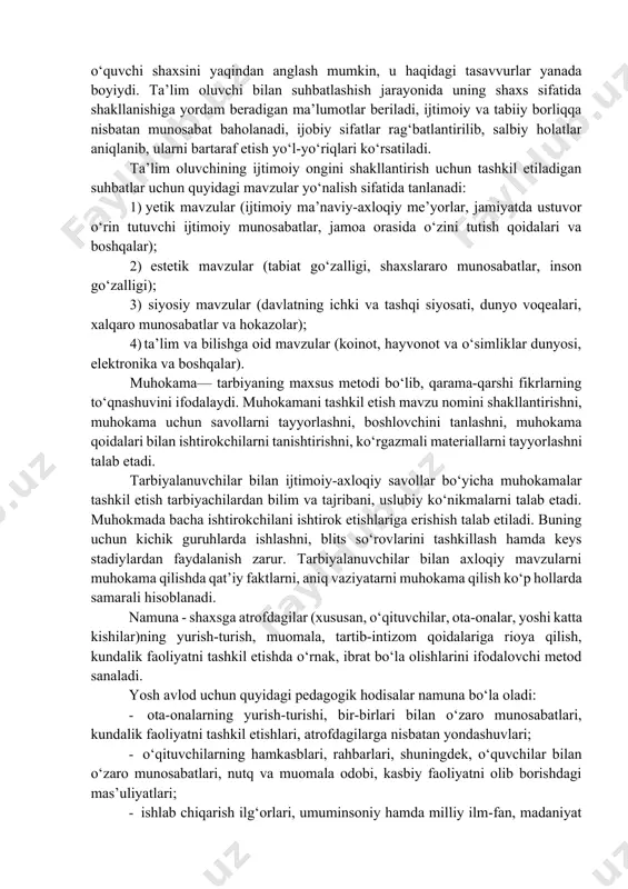 gan eng kuchli metod hisoblanib, tarbiyachidan yuqori darajadagi madaniyatni va kasbiy mahoratni talab etadi. o‘quvchilarda ma’naviy-axloqiy sifatlar, e’tiqod, dunyoqarashni shakllantirish maqsadida ularning ongi, his- tuyg‘usi, irodasiga ta’sir ko‘rsatish usullari ijtimoiy ongni shakllantiruvchi metodlar sanaladi. mazkur metodlar yoshlar tomonidan hayot mazmunining tushunib olinishini ta’minlaydi. ma’ruza, hikoya, tushuntirish — bu og‘zaki metodlar, ma’lumotni tahlil qilish va xabar berish bo‘lib, tarbiyaviy mazmun va mohiyat kasb etadi. pedagogik amaliyotdan shu ma’lumki, mashg‘ulot, uchrashuvlarda o‘quvchilar bilan ijtimoiy- axloqiy mavzularda suhbatlar tashkil etilishini uchratishimiz mumkin. ma’ruza muammoni sistemali tarzda bayon qilinishi bilan yuqori sinf o‘quvchilariga mosdir. hikoya va tushuntirish kichik va o‘rta yoshli o‘quvchilar uchun qo‘llaniladi. ularning har biri moslikni, emotsionallikni, ishonchlilikni, axborotlilikni talab etadi. mavzular har xil: ijtimoiy hayot, axloqiy, estetik muammolar, muomala, o‘z- o‘zini tarbiyalash, nizolarga oid bo‘lishi mumkin. hikoya o‘qituvchi tomonidan mavzuga oid dalil, hodisa, voqealarning yaxlit yoki qismlarga bo‘lib, tasviriy vositalar yordamida obrazli tasvirlash yo‘li bilan ixcham, qisqa va izchil bayon qilinishini …