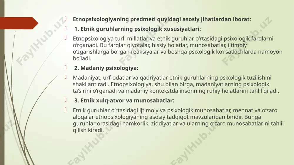 milliy xarakterni o‘rganish metodlari milliy xarakterni o‘rganishda quyidagi metodlar qo‘llaniladi: 1. etnografik kuzatish: millatning kundalik hayotini, urf-odatlarini va an’analarini bevosita kuzatish orqali ma’lumot yig‘ish. 2. sotsiologik tadqiqotlar: so‘rovnoma va intervyu orqali turli millat vakillarining o‘z xususiyatlari haqidagi fikrlarini o‘rganish. 3. tarixiy taqqoslash: millatning o‘tmishdagi va bugungi kundagi xulq-atvorini taqqoslab tahlil qilish. 4. psixologik testlar: shaxsiy xususiyatlarni aniqlash uchun maxsus testlardan foydalanish. amaliy ahamiyati milliy xarakterni o‘rganish quyidagi sohalarda qo‘llaniladi: • madaniyatlararo muloqot: turli millat vakillarining psixologik xususiyatlarini bilish ularning o‘zaro tushunishini osonlashtiradi. • ijtimoiy siyosat: milliy xarakterni hisobga olib, jamiyatda uyg‘unlikni ta’minlovchi siyosiy va iqtisodiy qarorlar qabul qilish. • ta’lim va tarbiya: ta’lim jarayonini milliy qadriyatlarga mos ravishda tashkil qilish. etnopsixologiya metodlari etnopsixologiya, etnik guruhlarning psixologik xususiyatlarini o‘rganadigan fan bo‘lib, turli metodlarni qo‘llaydi. bu metodlar etnik guruhlarning xulq-atvorini, fikrlarini, his-tuyg‘ularini va o‘zaro aloqalarini tahlil qilishda yordam beradi. etnopsixologiyada qo‘llaniladigan asosiy metodlar quyidagilardan iborat: 1. sotsiologik metodlar sotsiologik metodlar, ijtimoiy tadqiqotlar …