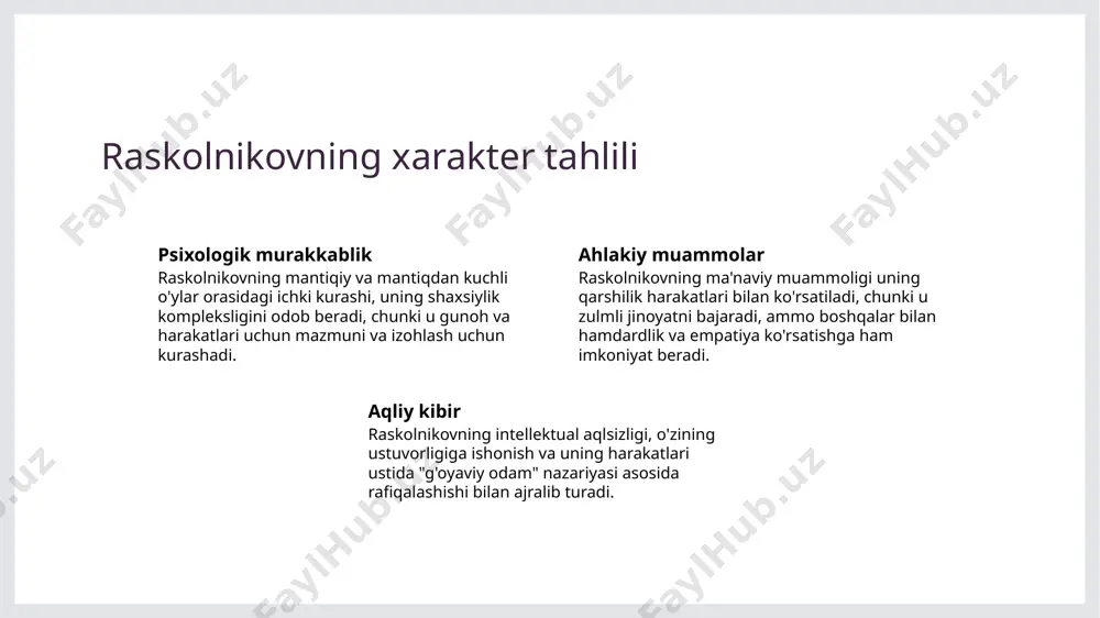 viy aniqsizlikni belgilaydi, uning to'g'ri yo'lda qaytish va najotga oid g'oyasi ustida o'ylashganligi. nechalda daryo ustida joylashgan ko'prik, raskolnikovning sonya bilan muhim uchrashuvi uchun ahamiyatli joy tutadi, uning to'ba va o'zgarish uchun potentsialini ifodalaydi. daryo raskolnikovning ma'naviy tiklanishiga metafora sifatida xizmat qiladi, chunki u suvda qaror topadi va uzrni topadi, yangi boshlang'ich va qaytadan tiklash uchun umidni ifodalaydi. inson tabiatining ikkiligi romanida karakterlarning ichki aniqshoqlari karakterlarning psixologik chuqurligi moral va gunoh mavzulari romanlardagi qahramonlar, masalan, raskolnikovning etik va jinoyatni bajarishga bo'lgan istagi kabi, yaxshi va yomon uchrashuvlariga duch kelishadi. dostoyevski o'z qahramonlarining murakkab ichki ishlari bilan shug'ullanadi, ularning qarshilik fikrlarini va hissiyotlarini ifsho qiladi, masalan, raskolnikovning eza va ishontirgan tabiatini. roman o'zlarining etik muammolari bilan kurashib, harakatlari natijasida keladigan jazolarning va jinoyatlarining o'rtasidagi chegarani qayta ko'rib chiqadi. tabiat raskolnikov uchun ozodlik manbai sifatida raskolnikovning tabiat bilan bog'lanishi raskolnikov tabiatda qurilish va o'zini ko'zdan kechirishni topadi, masalan, sankt-peterburg ko'chalarida yurish yoki …