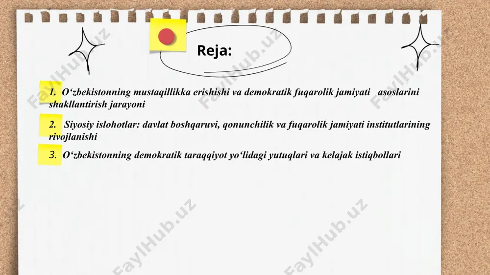 a jamiyat erkinligining mustahkam poydevori yaratildi. bu jarayonlarning barchasi o‘zbekistonning huquqiy, siyosiy va iqtisodiy jihatdan mustahkam demokratik jamiyat barpo etish yo‘lida muhim qadamlar bo‘ldi. ... t.me/slaydai_bot o‘zbekiston mustaqillikka erishgach, demokratik fuqarolik jamiyatini shakllantirish bo‘yicha keng ko‘lamli islohotlarni amalga oshirdi. mustaqillik e’lon qilingandan so‘ng, mamlakatda yangi siyosiy, iqtisodiy va ijtimoiy tuzilmani yaratish jarayoni boshlandi. bu jarayon davlat boshqaruv tizimini yangilash, fuqarolik jamiyati institutlarini shakllantirish va inson huquqlarini himoya qilish kabi muhim yo‘nalishlarni o‘z ichiga oldi. 1992-yilda o‘zbekiston respublikasining konstitutsiyasi qabul qilindi. bu hujjat davlatning demokratik tamoyillarga asoslanishini, fuqarolarning huquq va erkinliklarini kafolatlashini belgilab berdi. shuningdek, qonun ustuvorligi tamoyili mustahkamlanib, davlat hokimiyati tarmoqlarga ajratildi. ... t.me/slaydai_bot siyosiy islohotlar: davlat boshqaruvi, qonunchilik va fuqarolik jamiyati institutlarining rivojlanishi o‘zbekistonda mustaqillikdan so‘ng siyosiy islohotlar bosqichma-bosqich amalga oshirilib, davlat boshqaruvi, qonunchilik va fuqarolik jamiyati institutlarini rivojlantirishga alohida e’tibor qaratildi. ushbu islohotlar davlat hokimiyatining mustahkamlanishi, demokratik tamoyillarga asoslangan boshqaruv tizimini shakllantirish va fuqarolarning huquq va erkinliklarini kafolatlashga …