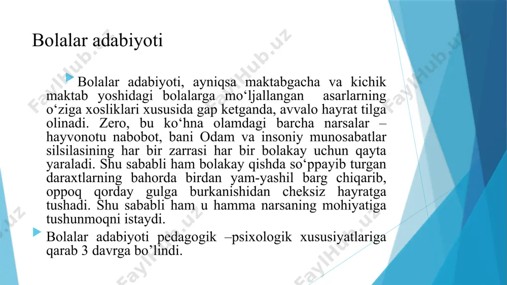 ishilarning ruhiyati ochila boshlaydi. bolalar adabiyotining yana bir xususiyati uning harakatga boyligidir. bundan bolalar adabiyotida syujetga boʻlgan talab ham kelib chiqadi. u voqealarning tezkor, qiziqarli, fantaziyaga, yumorga boy ravishda yechilishini talab qiladi. sharq yozma adabiyotida „pandnoma“, „mavʼizatnoma“, „nasihatnoma“, „axloq kitoblari“ singari nomlar bilan tasnif qilinuvchi asarlar bolalar adabiyotining dastlabki namunalari hisoblanadi. masalan, kaykovusning „mavʼizatnomai kaykovus“ („qobusnoma“), shayx saʼdiyning „guliston“ va „boʻston“, jomiyning „bahoriston“ asarlari shular jumlasidandir. bular tarjima vositasida oʻzbek bolalar adabiyotiga kirib kelgan. alisher navoiyning „hayrat ulabror“, „mantiq ut-tayr“ va „mahbub ul-qulub“ asarlari, xojaning „miftoh ul-adl“ va „gulzor“, gulxaniyning „zarbulmasal“ asarlari esa oʻzbek bolalar adabiyotining mumtoz namunalari boʻlib, pand-nasihat ruhidagi maqolat va hikoyatlari bilan asrlar mobaynida yosh avlodni yaxshi insoniy fazilatlar ruhida tarbiyalashga xizmat qilib kelmoqda. qobusnoma - sharq va markaziy osiyo xalqlari orasida keng tarqalgan axloqiy-taʼlimiy asar, fors-tojik badiiy nasrining birinchi va yirik yodgorligi (11-asr). tabariston (mozandaron) hukmdori shams al-maoliy qobusning nabirasi unsur al-maoliy (kaykovus, 1021—98) tomonidan fors …