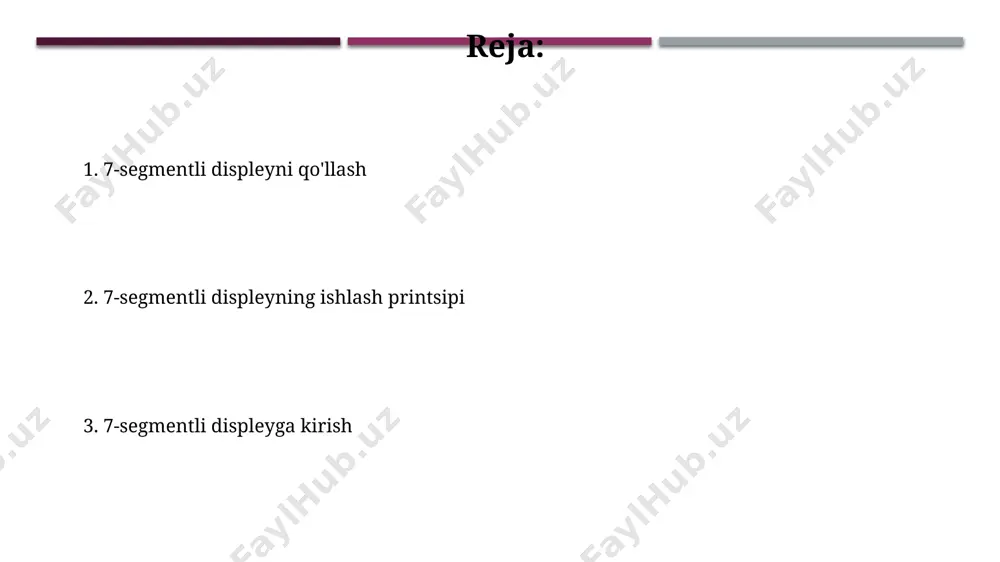ki o'chirish uchun javobgardir. masalan, raqam "8" ni ko'rsatish uchun barcha 7 ta segment yoqiladi. bu texnologiya 1960-yillarda keng tarqalgan. 7-segmentli displeylar turli xil o'lchamlarda va materiallardan (masalan, led, lcd) ishlab chiqariladi. kichik o'lchamdagi displeylar, masalan, qo'l soatlarida, katta o'lchamdagi displeylar esa, masalan, yirik elektron panellarda, toshkentdagi katta binolardagi soatlarda qo'llaniladi. boshqarish usullari texas instruments kompaniyasining sn7447 kabi maxsus integrallashgan mikrosxemalar 7-segmentli displeyni to'g'ridan-to'g'ri boshqarish uchun ishlatiladi va ular 7 segmentga individual signal yuborish imkonini beradi, bu esa 128 xil belgilarni ko'rsatishga yordam beradi. 7-segmentli displeyni mikrokontrollerlar, masalan, arduino uno yordamida boshqarish mumkin, bu esa 8 ta raqamli chiqish pinlaridan foydalanishni va 0 dan 9 gacha bo'lgan raqamlarni ko'rsatishni ta'minlaydi. qo'llanilishi 7-segmentli displeylar, 10 ta raqamni (0 dan 9 gacha) va ba'zi harflarni ko'rsatish uchun keng qo'llaniladi, masalan, soatlar, hisoblagichlar va boshqa ko'pgina elektron qurilmalarda, toshkentdagi elektron do'konlarda ham osongina topish mumkin. avtomobillar panelining tezligi, yoqilg'i darajasi va boshqa ko'rsatkichlarni …