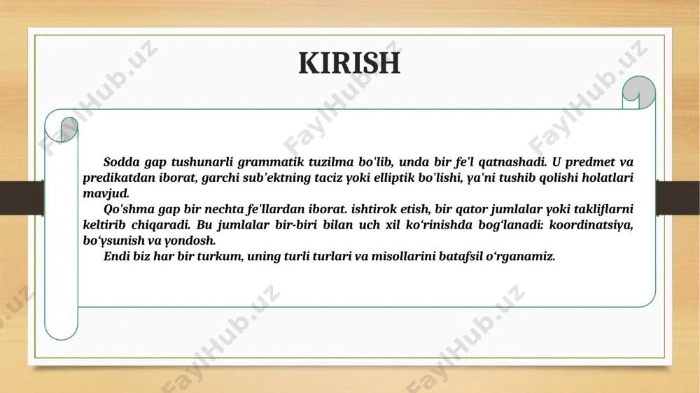 rianti emas, balki qoʻshma gaplarning alohida turi hisoblanadi: "saodatxon eshikni ochib yubordi, uyga muzday kuz havosi kirdi" (s.zunnunova). "sultonmurod oʻzini chetga olishga tirishdi, xalq toʻlqini uni surib ketdi" (oybek). tarkibidagi predikativ birliklar oʻzaro teng bogʻlov-chilar yordamida birikkan (teng aloqali) qoʻshma gaplar bogʻlangan qoʻshma gap deyilib, uning tarkibiy qismlari shaklan mustaqil koʻrinsa-da, maz-munan va tuzilish jihatdan bir butunlikni tashkil etadi. mas: "bahor keldi va gullar ochildi". "dil-afroʻz chindan ham oʻzgargan. ammo oʻktam kulgusi, quralai koʻzlarining kibrona boqishi oʻsha-oʻsha edi" (oʻ.hoshimov). qo‘shma gapning turlari muvofiqlashgan gaplar ular gaplari bir xil sintaktik darajaga ega bo‘lgan gaplardir. qo‘shma gap orqali bog‘lanadi. muvofiqlashgan gaplar o‘zaro bog‘lovchi, ayirma, qaratuvchi yoki izohlovchi bo‘lishi mumkin. kopulativ gaplar bog‘lovchi bog‘lovchi bilan birikadi, odatda. va. it hurlaydi va mushuk miyovlaydi. ajratish bog`lovchi. disjunktiv ikkala taklifni birlashtiradi. eng keng tarqalgani yoki . hozir kelyapsizmi yoki ketyapsizmi? muqobil tushuntirish ikkala gap ham qarama-qarshi qo‘shma gap bilan bog‘langan, bu holda lekin. tajriba qiyin …