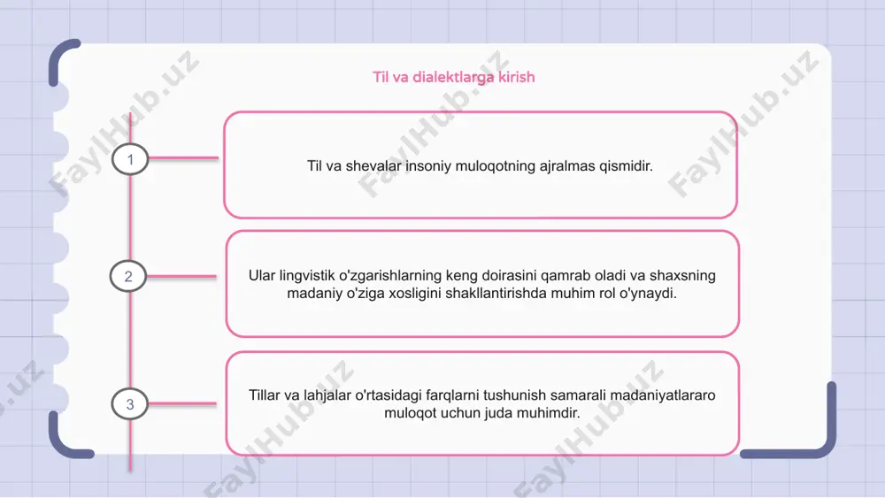 til, shuningdek, muloqot vositasi bo'lib xizmat qiladi va ma'ruzachilar o'rtasida hamjamiyat hissini o'rnatishga yordam beradi. til bilan aloqa va qarz olish til aloqasi turli tillar o'rtasidagi o'zaro ta'sirni anglatadi, buning natijasida so'zlar va iboralar bir tildan boshqasiga o'tadi. bu jarayon ko'p tilli jamiyatlarda savdo, mustamlaka, migratsiya va til aloqasi kabi turli xil vositalar orqali sodir bo'lishi mumkin. til aloqasi natijasida yangi lingvistik navlarning rivojlanishiga va tillarning evolyutsiyasiga olib keladigan dialekt va kreollar paydo bo'lishi mumkin. 1 2 3 tilning o'zgarishi va tilning o'limi tilning o'zgarishi bu tilda so'zlashuvchilar boshqa til yoki dialektga o'tish jarayonini anglatadi. ushbu siljish ko'pincha globallashuv va mustamlakachilik kabi ijtimoiy va madaniy omillar tufayli sodir bo'ladi. tilning o'limi, agar tilda ona tilida so'zlashuvchilar bo'lmasa, ko'pincha tilning o'zgarishi yoki assimilyatsiyasi natijasida sodir bo'ladi. til siyosati va tilni jonlantirish til va lahjalar madaniy o'ziga xoslik va xilma-xillikni shakllantirishda hal qiluvchi rol o'ynaydi. til siyosati ozchiliklar tillaridan foydalanishni himoya qilish …