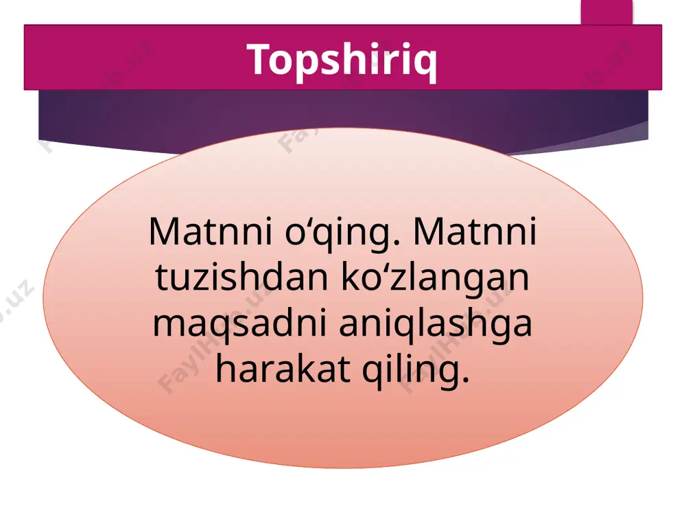 hokama va mulohaza nima? alisher navoiyning «oldiga qo‘yganni yemoq – hayvonning ishi, og‘ziga kelganni demoq – nodonning ishi» hikmati ustida o‘ylab ko‘ring. shu haqda matn tuzing. 215-mashq. uyga vazifa e’tiboringiz uchun rahmat! foydalanilgan adabiyot: mahmudov nizomiddin mamadaliyevich, sobirov abdulhay shukurovich, nurmonov abdulhamid. ona tili. umumiy o‘rta ta’lim maktablarining 9-sinfi uchun darslik. toshkent. mchj “tasvir”, 2019 ushbu taqdimot slaydi mahsulotidir. diqqat! ushbu mahsulotni tijoriy maqsadda ko‘paytirish javobgarlikka sabab bo‘ladi! image3.jpeg image4.png image8.png image22.jpg image23.jpg image16.png image24.jpg image25.jpg image5.jpeg image6.png image10.png image11.png /docprops/thumbnail.jpeg