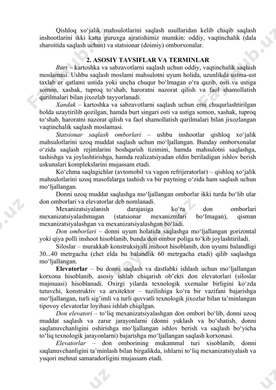 atorlarga (donni saqlashda tozalash, quritish, shamollatish, tashish uskunalari bilan jixozlangan vertikal joylashtirilgan omborlar) ajratiladi. go‘sht saqlashga sovutilgan holda yoki muzlatilib olib kelinadi. sovutilgan go‘sht maxsus, yaxshi shamollatiladigan omborlarda yoki sovutish kameralarida saqlanadi. ba’zi hollarda go‘shtni qisqa muddatli saqlashda muzxonalardan ham foydalaniladi. sut turli konstruksiyali va maqsadli (tashish uchun yoki saqlash uchun) rezervuarlarda saqlanadi. zamonaviy ombor – bu murakkab muxandislik kompleksi hisoblanib, o‘zida mahsulotni saqlash binosi bilan birgalikda mahsulotni saqlashga joylashtirish va realizatsiyaga jo‘natishdan oldin dastlabki ishlov berish binolarini, yordamchi xonalarni (mashina bo‘limi, ventilyasiya kameralari, elektr shchit, dam olish va h.k.) o‘zida mujassam etadi. ko‘pincha ular belgilangan saqlash rejimlarni avtomatik ta’minlaydigan asboblar bilan jixozlangan bo‘lib, bu saqlash uchun joylashtirilgan mahsulot holatini nazorat qilishda qulayliklar yaratadi. saqlash omborlarini loyihalash va qurishda dezinfeksiya, ba’zan esa dezinseksiya, kemiruvchilar bilan kurashish tadbirlarini o‘tkazishni ham inobatga olish lozim bo‘ladi. har bir saqlash ombori muxandislik – texnik (konstruktiv), texnologik va iqtisodiy talablarga javob berishi lozim. qishloq xo‘jalik …
