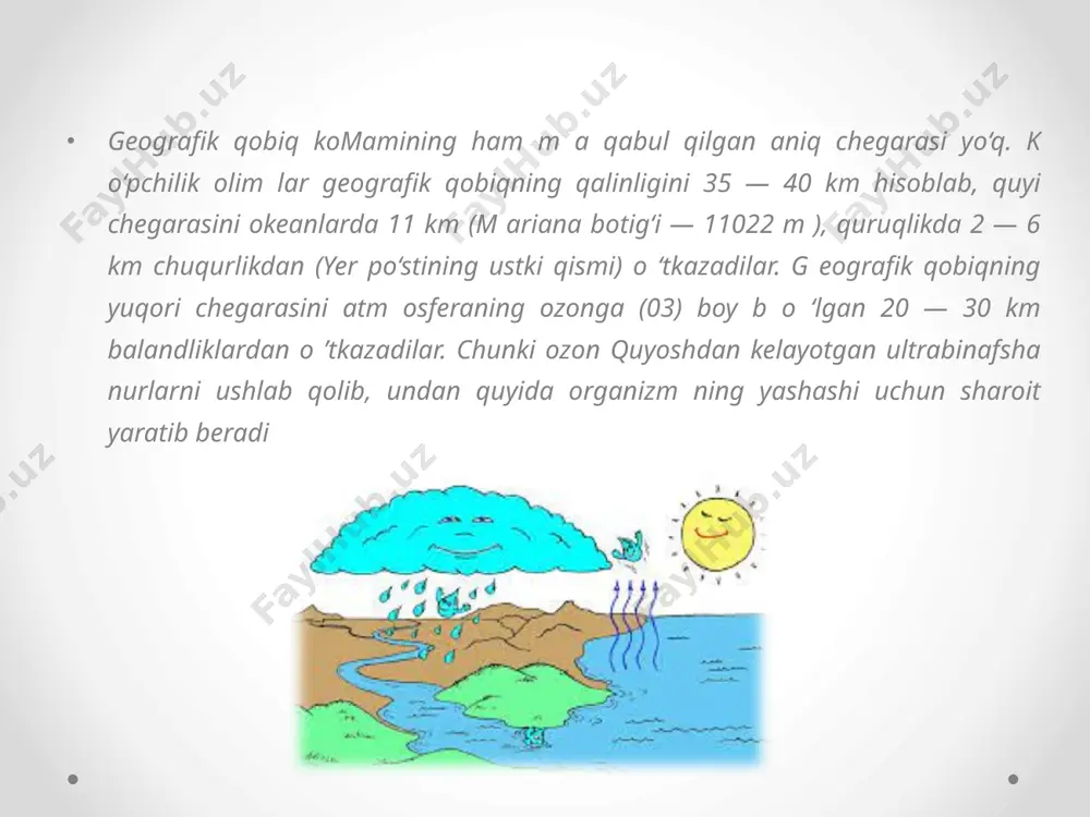 yilgi krakatau vulqonining otilishi tufayli vujudga kelgan tolqinning balandligi 35 m, uzunligi 524 km, tezligi sekundiga 189 m ga yetib, 36 ming kishini yostigini quritgan. xulosa yer usti va yog’in suvlar yerga singib, tuproq qatlamiga yetib boradi. ba’zan suv gilli qatlamga yetib borgach, to’xtab q oladi. chunki gil suvni deyarli qum, mayda va yirik sharsharalar orasidan bemalol o’tib ketadi. bunday qatlamlar suv o’tkazmaydigan qatlamlar hisoblanadi. granit, qumtosh, gilli slanetsdan tarkib topgan qatlamlar suv o’tkazmaydi. yer osti suvlari suvli qatlamni vujudga keltiradi deb aytiladi. yer osti suvining bir qancha turlari bo’lib, ular orasida eng ko’p tarqalganlari bosimsiz grunt ( sizot ) suvlar, qatlamlar orasidagi bosimli yer osti suvlari (artezian suvlar) xarakterlidir. grunt suvlari (sizot suvlar) yer yuzasiga yaqin eng ustki qatlamlar orasida (30-100 m chuqurlikkacha) bo’ladigan suvlardir. grunt suvlari yuqorida qayd qilganimizdek, yog’in suvlaridan va yer ustidagi suvlardan vujudga kelgan.shu sababli, grunt suvlarining joylanishi va chuqurligi yil fasllarida o’zgarib turadi. masalan, …