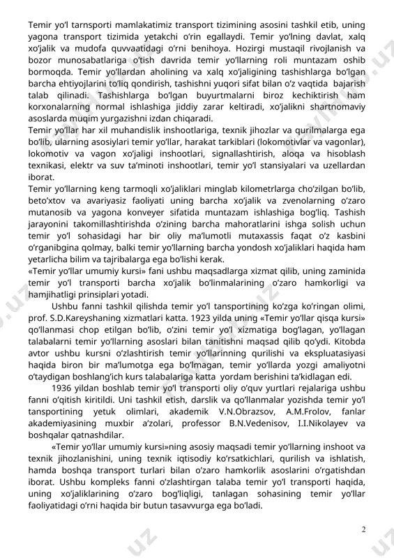 dan biri uning yuk tashish muntazamligidir. zarur mahsulot, hom ashyo, ehtiyot qismlar va yonilg’ilarni o’z vaqtida va muntazam yetkazib bergandagina, ularning saqlash lozim bo’lgan zahira omborlariga ehtiyoj kamayadi. transport faqat xo’jalik vazifalarini ado etib qolmay, balki transportni, uning yo’l tarmoqlarini rivojlantirish, qishloqni shaharga yaqinlashtirish katta sosial vazifalarni hal etishga, kadrlarni qishloqda mustahkam o’rnashib qolishiga, mehnat resurslardan oqilona va o’rinli foydalanishga yordam beradi. davlatning mudofaa qudratini oshirishda ham tranportning ahamiyati beqiyos. bunda temir yo’l va avtomobil transportlarining ahamiyati ayniqsa katta, chunki armiya qsmlari va mudofaa vositalarini bir joydan ikkinchi joyga ko’chirish asosan transportning shu ikki turi yordamida bajariladi. hozirgi kunda transport mamlakat ishlab chiqaruvchi kuchlarining tarkibiy qismi sifatida fan va texnika yutuqlarini keng miqiyosda tadbiq etuvchi ulkan tizimni tashktl etadi. temir yo’l tarnsporti mamlakatimiz transport tizimining asosini tashkil etib, uning yagona transport tizimida yetakchi o’rin egallaydi. temir yo’lning davlat, xalq xo’jalik va mudofa quvvaatidagi o’rni benihoya. hozirgi mustaqil rivojlanish va bozor …