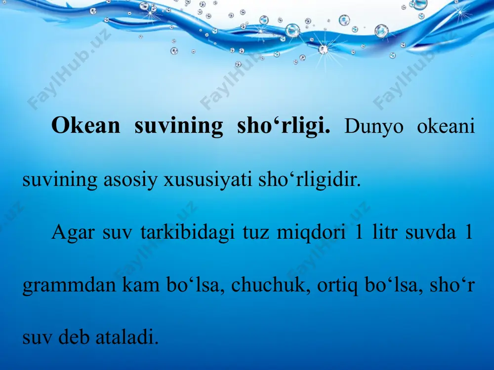 tomon yuza iliq oqimlar harakatlanadi. bu o‘ziga xos „sovitgich-isitgich“ mashinasini barpo etadi. bunday jarayon „okean — atmosfera“, „okean — materik“ tizimida ham kuzatilib, materiklar tabiatining rang-barang bo‘lishiga olib keladi. dunyo okeanidagi shimoliy va janubiy passat oqimlari, passatlararo qarshi oqim va g‘arbiy shamollar oqimi (uzunligi 30 ming km) asosiy oqimlardir. quyosh va oyning tortish kuchi ta’sirida dunyo okeani suvlarida qalqish hodisasi (sutka davomida ikki marta ko‘tarilib, ikki marta pasayadi) bo‘ladi. ochiq okeanda suvning qalqish amplitudasi 1 — 2 m dan oshmaydi. lekin materik qirg‘oqlarida to‘lqin balandligi ortadi. shamol ta’sirida hosil bo‘lgan to‘lqinlar balandligi okeanlarda 4 m gacha, ayrim holatlarda 7,5 m, uzunligi 90 — 100 m (ba’zan 800 m) atrofida bo‘ladi. eng baland to‘lqin (34 m) tinch okeanning shimoliy qismida qayd qilingan. tropik va mo‘tadil kengliklarda dovullar tez-tez kuzatiladi. dahshatli to‘lqinlardan biri sunami (yaponcha — ajal va vayronalik keltiruvchi to‘lqinlar) zilzila va harakatdagi vulqonlar ta’sirida hosil bo‘ladi. ochiq okeanda balandligi 1 …