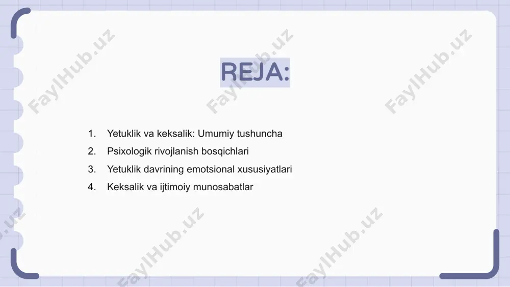 ynaydi. yetuk yoshda insonlar o‘z o'tmishlariga baho berishadi, jamiyatdagi o‘rnini anglab, ijtimoiy faollikni davom ettirishga intilishadi. kognitiv o'zgarishlar va xotira yetuklik va keksalik davrida insonning tafakkuri asta-sekin o‘zgaradi. kognitiv faoliyat pasaya boshlaydi, bu esa kundalik faoliyatlarga sezilarli ta'sir ko‘rsatadi. xotira bilan bog‘liq muammolar keksalikda kuchayadi. yangi ma’lumotni o‘zlashtirish sekinlashadi, ammo uzoq muddatli xotira kuchli saqlanishi mumkin. mazkur davrda tafakkur moslashuvchanligida o‘zgarishlar bo‘ladi. shaxslar tajriba asosida muammolarga yechim topsa-da, yangilikka qarshi bo‘lishadi ko‘proq. shaxsiy o'sish va hayotiy qoniqish yetuklik va keksalik davri inson hayotining ayni pishgan, tajriba to‘plangan bosqichidir. bu davrda shaxsiy o‘sish davom etadi, yangi maqsadlar belgilanadi. hayotiy qoniqish bu pallada o‘zini anglash, o‘tgan hayotni baholash bilan bog‘liq. keksalar ko‘proq ichki tinchlikni qadrlaydilar va bahramand bo‘ladilar. ijtimoiy aloqalar va oilaviy qo‘llab-quvvatlash psixologik sog‘liq uchun muhimdir. yaqinlar bilan vaqt o‘tkazish o‘zini foydali his qilishga yordam beradi. 1 2 3 yolg'izlik va moslashuv strategiyalari yetuklik va keksalik davrida insonlar ko‘pincha ijtimoiy faollikdan …