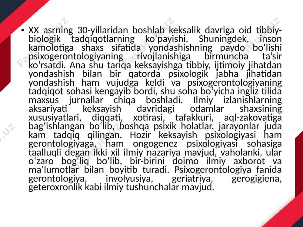 aniqlashga qaratilgan testlar. keksayish davrida odamlar psixologiyasini o‘rganish testlar yordamida amalga oshirilishi sinaluvchilarda irodaviy kuch-quvvat sarflash, aqliy zo‘riqish, asabiy tanglik holatlarini kamaytirish uchun xizmat qiladi, tajribada vaqtdan tejamli foydalanish imkoniyatini yaratadi. shu bilan birga testlar kishilarda (rang-barangligi uchun) qiziqish, tabiiy mayl, shug‘ullanish his-tuyg‘usini uyg‘otadi. testlar bilan ishlashda vaqt cheklanganligi sababli ayrim nuqsonlarga yo‘l qo‘yiladi, lekin ularni aynan o‘sha sinaluvchilarda muayyan vaqt o‘tgandan keyin takror o‘tkazilsa, kamchiliklar barham topishi mumkin. keksalar psixologiyasini tadqiq qilishga oid tajribalarda psixogerontologiyaning ayrim usullaridan keng foydalanilmoqda. nafaqa yoshiga to‘lgan kishilarning ishni davom ettirish islash va ulardan foydalanish ehtiyoji tibbiyot va ruhiyat ilmi oldiga bir qancha talablar qo‘yadi. bu talablar m.d.aleksandrova va uning shogirdlari ta’kiddaganidek, 60 yoshdan oshgan odamlarning somatik jihatliligi ularning ishlab chiqarishda qatnashishiga qanchalik imkon berishini, insonning ruhiy salomatligi ishlashda qay darajada yordamlashishini, sog‘lom keksa odamning psixofiziologik funksiyalari, psixik jarayonlari, shaxsiy xususiyat- lari va kasb-korlik uchun zarur talablarga mos kelish-kelmasligini aniqlashdan iboratdir. shularning so‘nggi qismini …